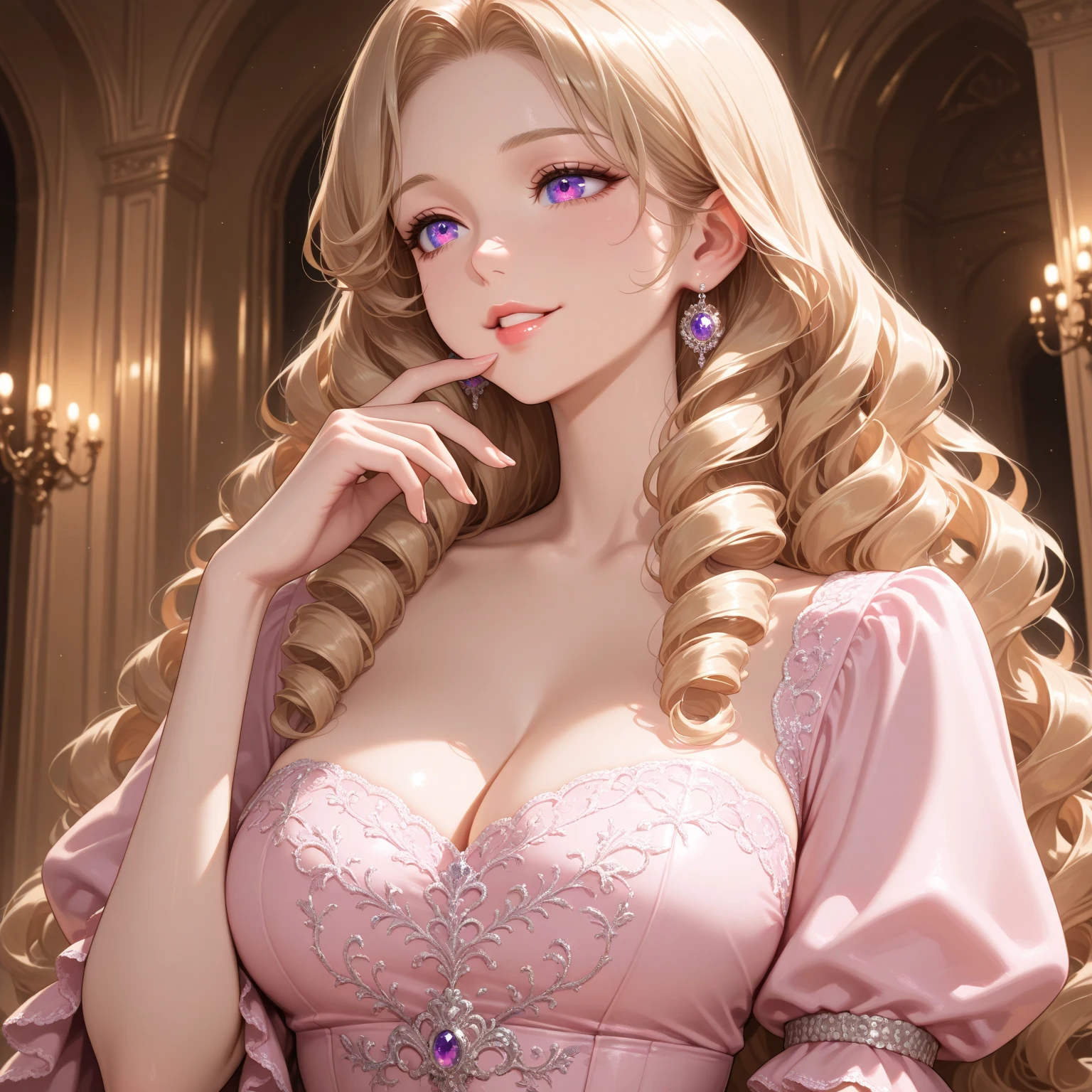 Australian female supermodel, long hair, pastel pink gown upper body portrait, huge natural breasts, hyperrealism, highly detailed feminine bedroom background, keyvisual