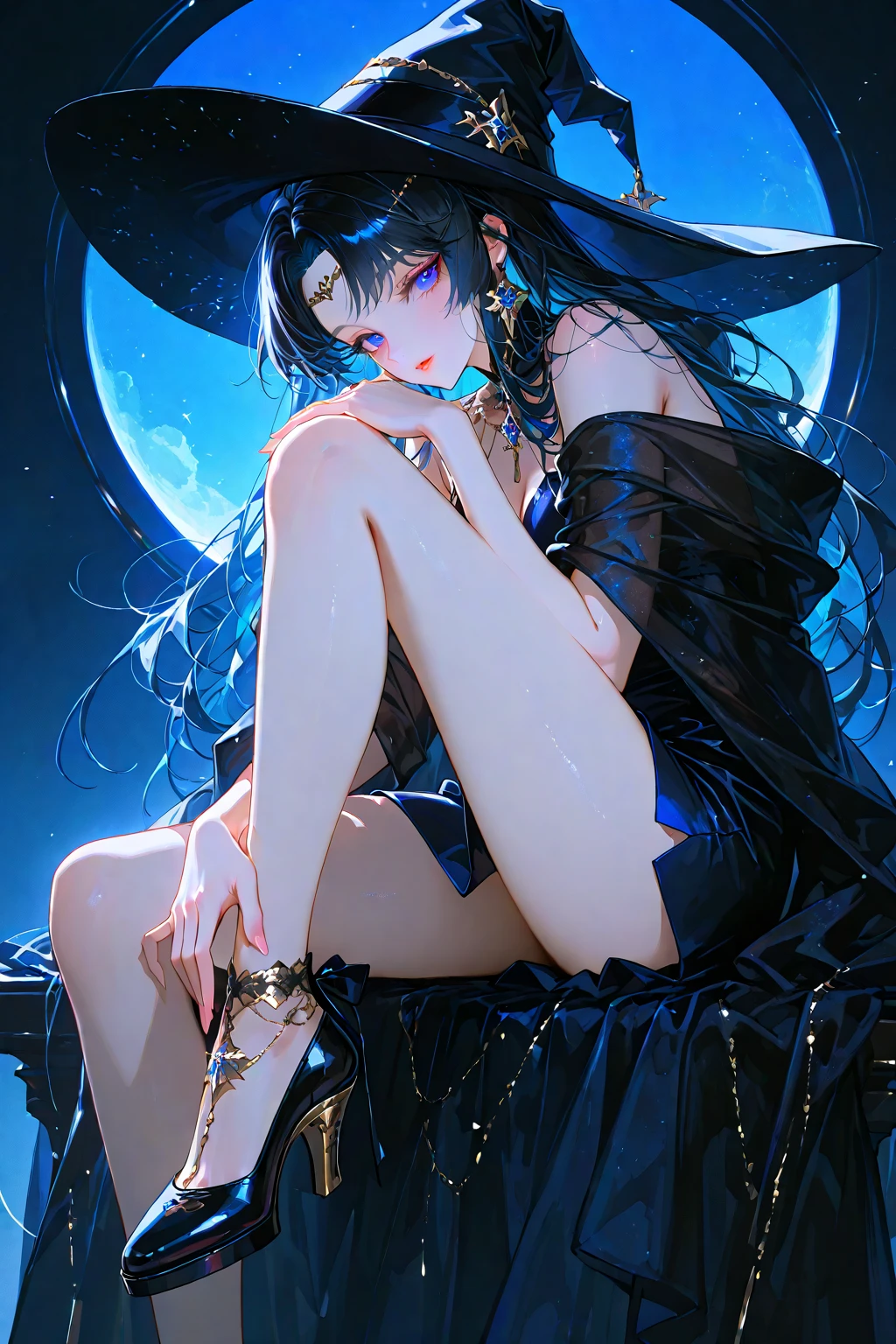 16-year-old girl，Black Hair，Purple Eyes，Black purple dress，Sitting，The overall color is mainly purple，Second dimension style