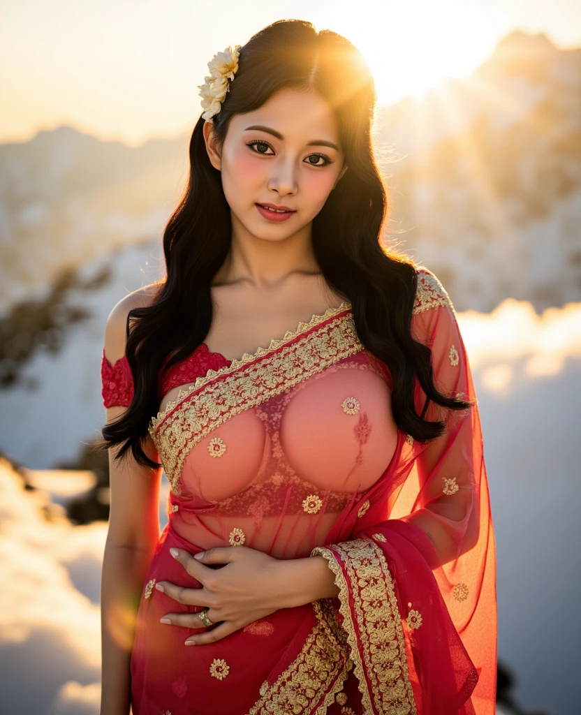 Beautiful indian woman posing, straight photoshoot pose, full body portrait, moonlit night, night time, winter, walking on forest path, detailed face, cute, big eyes, iconic, photorealistic, mountain temple, detailed background, big breasts, sexy thin saree, long wavy hair, cleavage, symmetric face, masterpiece, 8k, ultra realistic