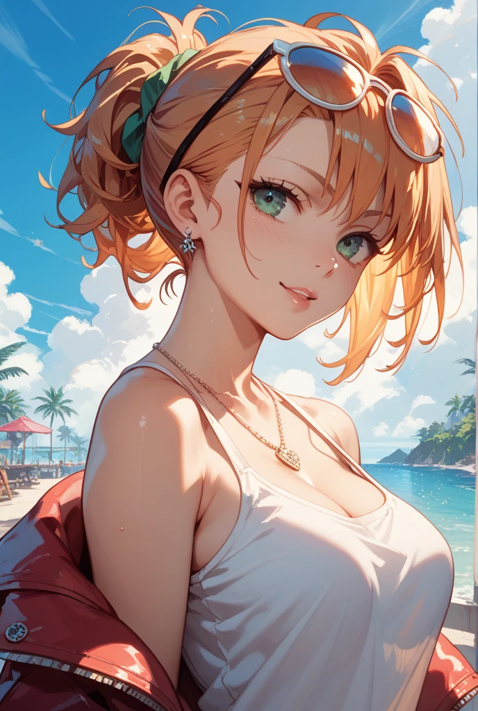 One Woman, Highest quality, masterpiece, Super Resolution, Large Breasts, Idol, Beauty, ((From the front 1.2)), Cleavage, 8k, High resolution eyes, High-resolution contours, ((Forehead visible 1.3)), Stylish, High-resolution pupils, blush,  High resolution face, High resolution breasts, Ultra HD, Open your mouth, Upper Body, High resolution mouth, Sexy body, ((Cool face 1.5)), ((Hanging 1.3)), short hair, Broken bangs, Blonde, Yellow Eyes, model, Mature Woman, Adult women, Beautiful clavicle, High resolution hair, Mother, maternal, Micro Bikini, Underboob, Sideboob, Beach,  Married Woman, couple, 