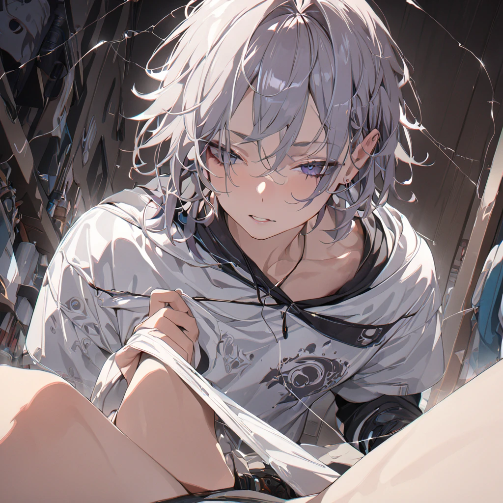 (shaded face),,looking up,(no pupils),(empty eyes),drooling,open  mouth,(glowing eyes),(expressionless),((hypnosis)),(((best quality))),(ultra detailed),(finely detail),(incredibly_absurdres),(highres),(((masterpiece))), pectorals,((( ))),(),yaoi,looking at screen,(mind control),(mind break),(corruption),dark persona,streaked hair,((short hair)),(((male))),male focus,male child,(((arms behind back))),,arm_support,kneeling,indoor,bed,leggings,thigh strap,black leggings,full body,stare,eyeball,dark_persona,expressionless eyes,((( under clothes))),,,( milking),(veiny ),large ,(red eyes),purple eyes,evil eyes,evil grin,evil smile,evil,half-closed eyes