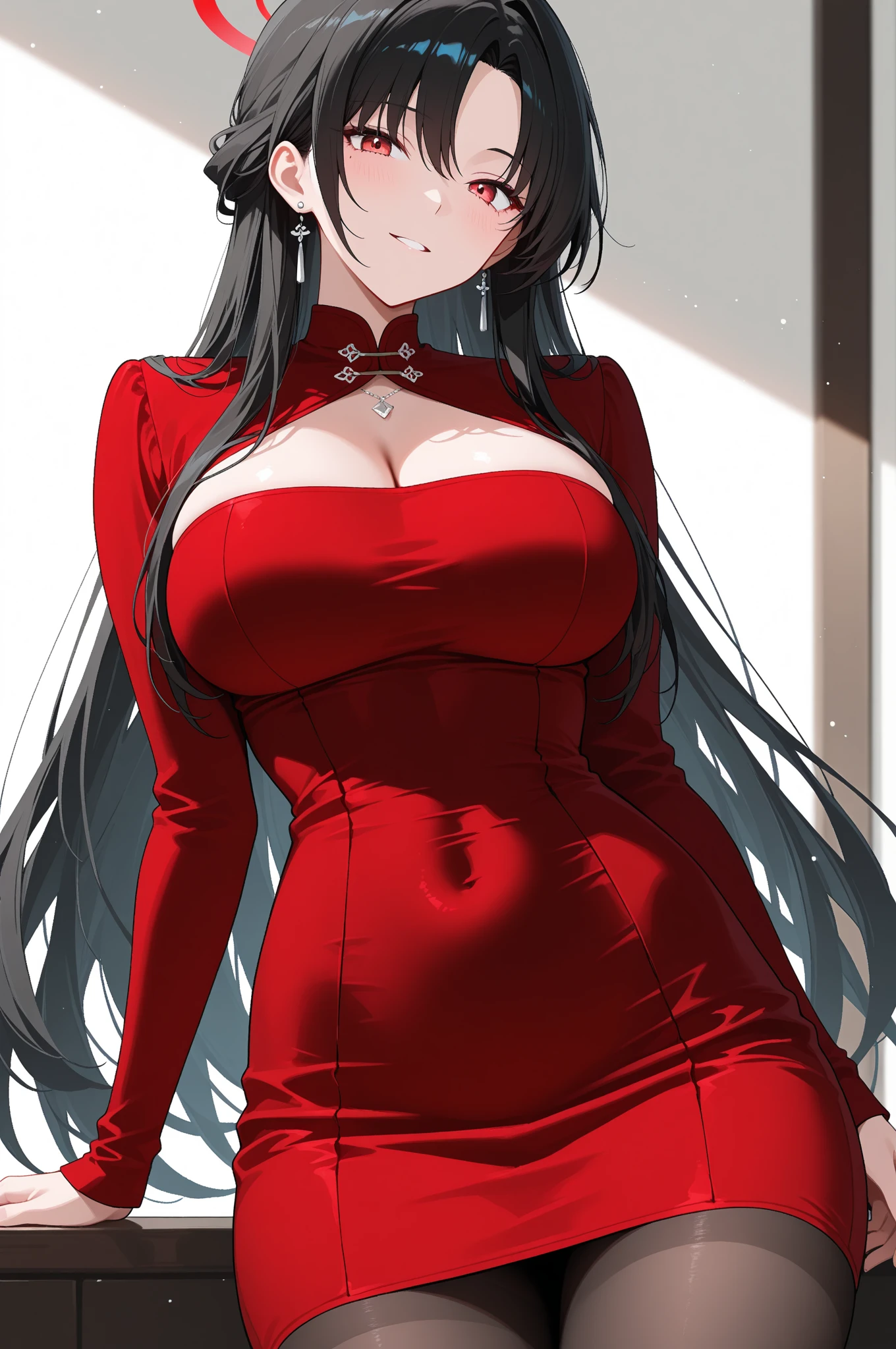 1woman, brunette long hair and red eyes, sexy body and big breast, wearing a sexy red dress, ultrasharp, looking at the viewer, ((best quality)), ((masterpiece)), (detailed),