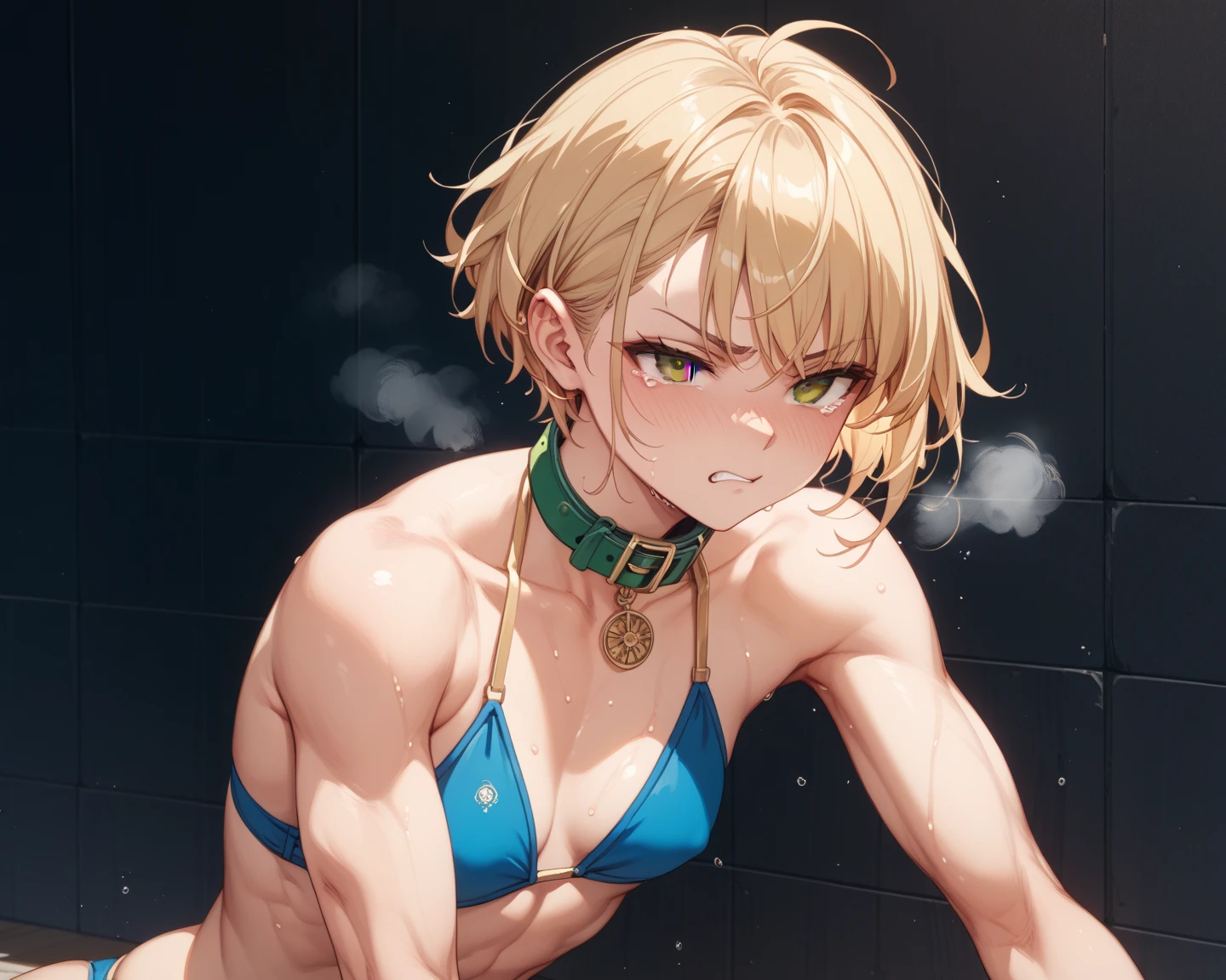 masterpiece, best quality, ultra detailed, ultra high resolution, very detailed face, anime, front angle, ((leaning forward)), ((solo)), (((girl, golden short hair))), (((black micro bikini))), medium breast, slender body, (six pack abs:1.20), (((little smile))), ((be quiet hand sign:1.2)), standing in the room, indoor