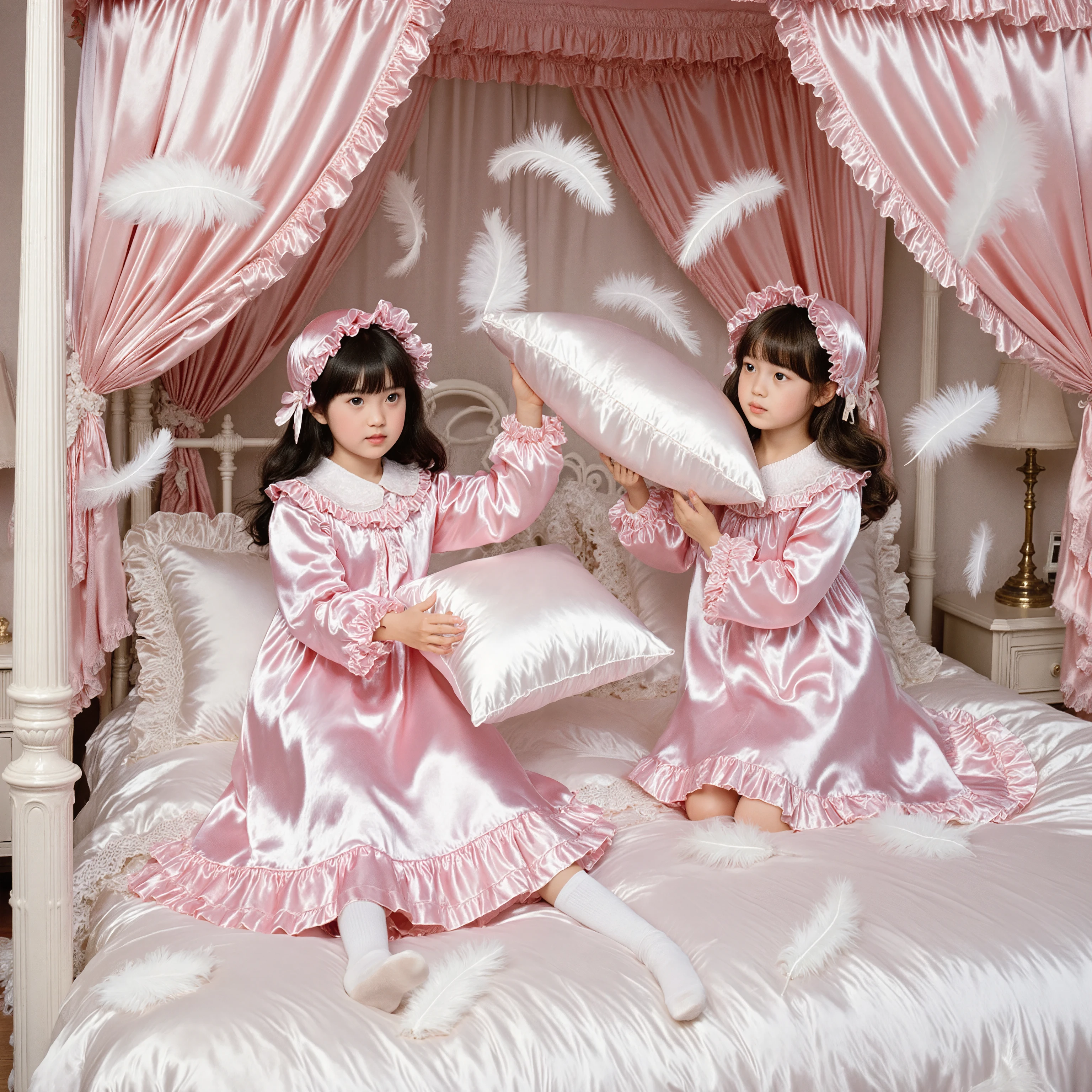 American girls,on the bed,((cute girls on a big bed)),((Childhood )),((Little Girls)), ((little girls pillow fighting on the bed,pillow fight:1.2,)),they have ruffled silk satin pillows,((lots of white feathers dancing,detailed realistic feather:1.0)),short,((white American, ue eyes,Long onde,detailed faces with ofisu)),cute face,ue silk satin nightgown,Mob Cap with Frills and Bows,((Lots of Ruffles and Bow Decorations)),long sleeve, ruffle sleeve , ((long skirt:1.4)),white socks,big bed with lots of pink silk satin cushions,pink cute canopy bed ,four-poster canopy bed,king size bed,bigger bed,plump ue silk satin pillow with ruffle,More pillows, soft ue silk satin bed sheet,Circle々Plump Comforter,Ruffle Lace Silk.retro white pipe bed frame, realistic,((Out of frame bigger king size bed:1.2)), silk satin curtain with ruffle bed ,white floor,