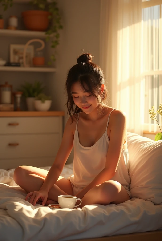 1girl, waking up in bed