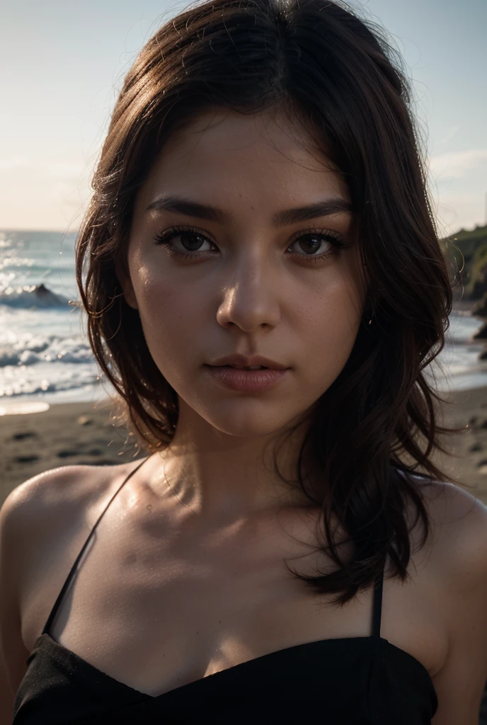 brune, yeux bleu, plage , 23 ans , percing