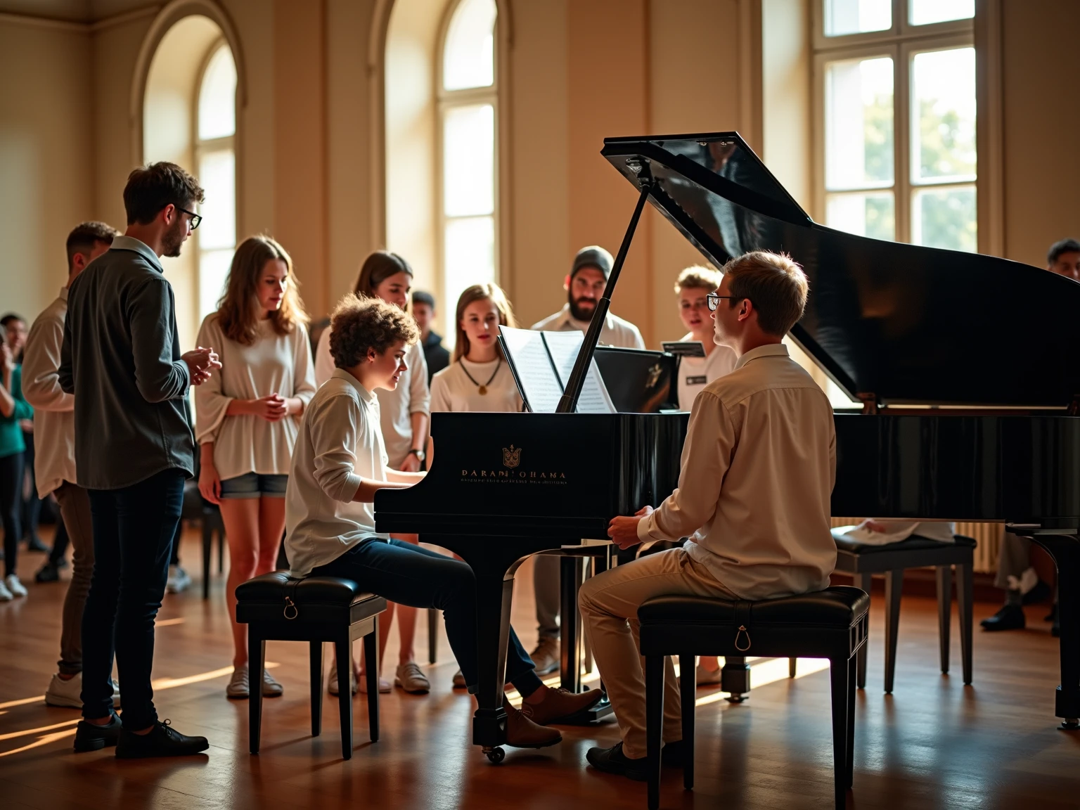 Create an image about a music workshop, where you see students practicing piano with their teachers. Images must be 1200x630