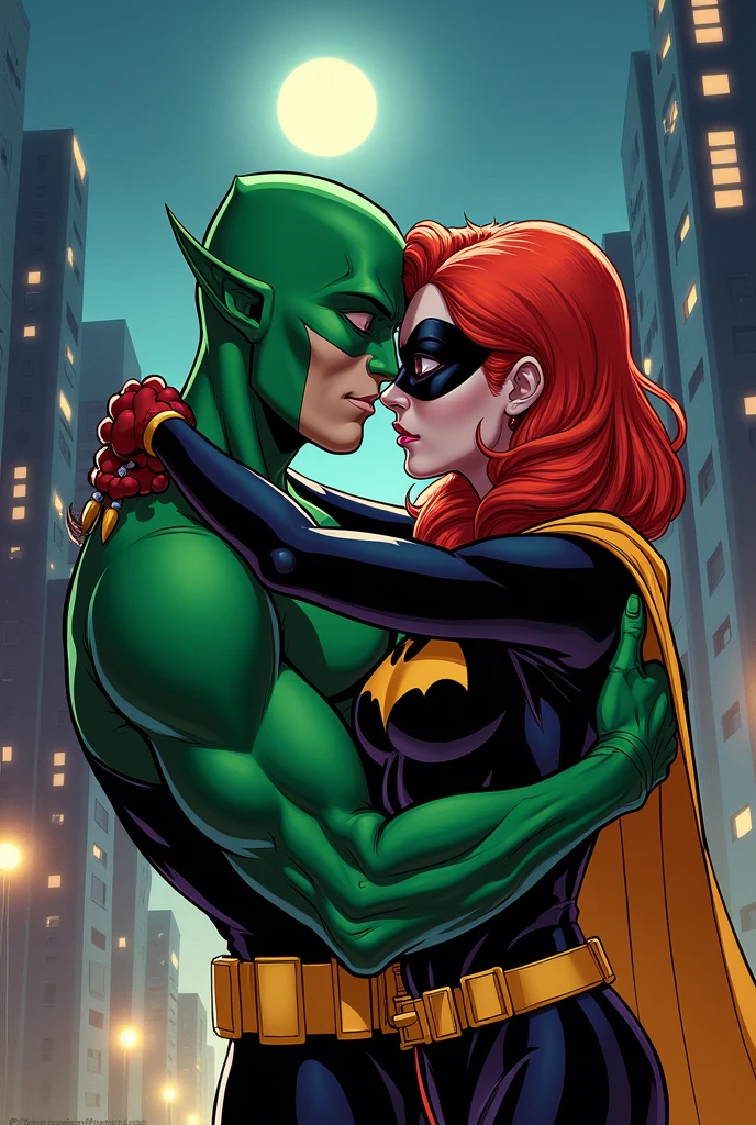 (((Poison Ivy))), (((Superman))), High quality, best quality, masterpiece, (1boy1 1girl), (hetero:1.5), mature woman, curves, long wavy redhead hair, green eyes. cleavage. (((woman wearing strapless black leotard))), reverse suspended congress, legs spread