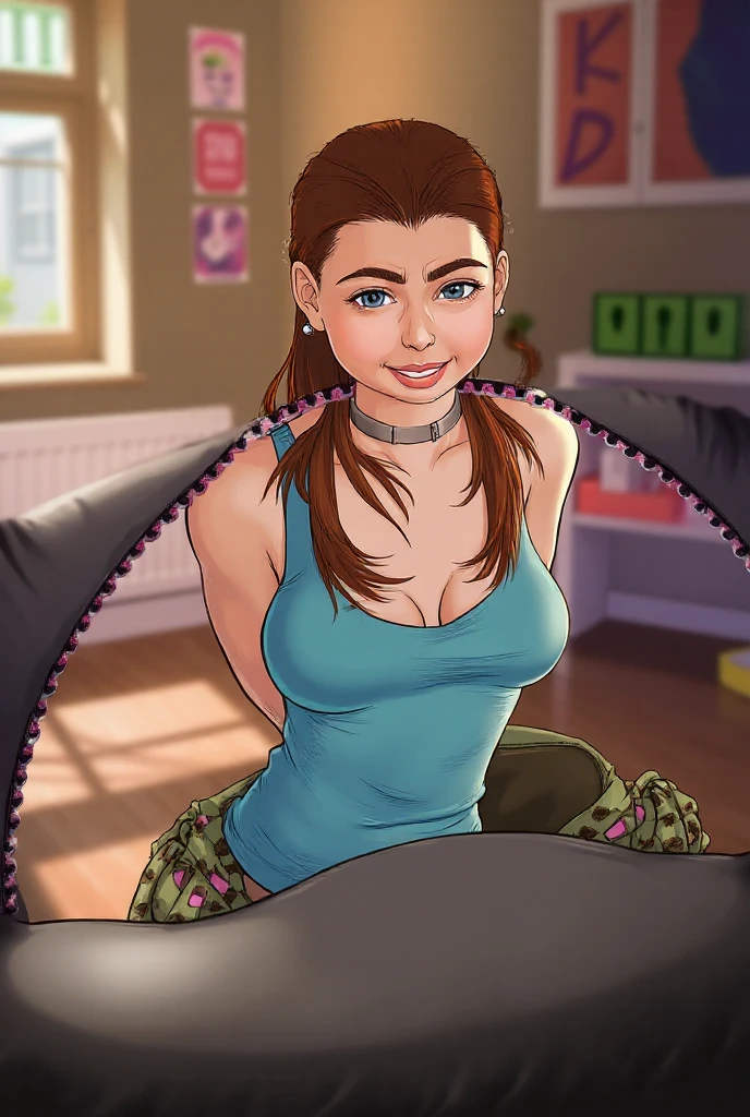 "best quality,highres,ultra-detailed,photorealistic:1.37,professional,studio lighting,sharp focus,soft lighting,bokeh,candid,portrait,kind eyes,lively expression,vivid colors,casual attire,colorful background,cute woman,happy,relaxed,short tshirt,yoga pants,comfortable,topknot hairstyle,messy apartment,cluttered room,disorganized,dirty dishes,piles of clothes,books scattered,unmade bed,homely atmosphere,overstuffed chair,playful attitude,enjoying free time,cell phone addiction,entertainment,online gaming,fun games,phone apps,social media browsing,homely environment,everyday life scene"