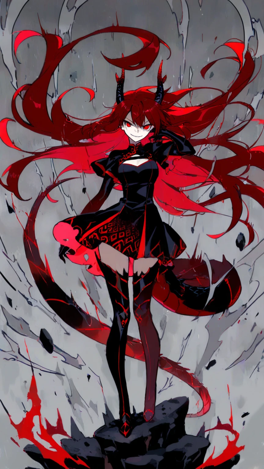 A redhead girl , with long, unkempt hair, emerges sensually from a dark lake of blood. His skin is pale , contrasting with the crimson liquid. She wears a tight school uniform, strategically wet and stuck to his body, highlighting your figure. She is in a provocative pose, with one leg raised slightly, her hands gently caressing her own blood soaked hair. Her expression is a mix of seduction and threat., with a sadistic smile and dark eyes full of dangerous intentions. The background is gloomy and oppressive, as blood slowly drips from his body