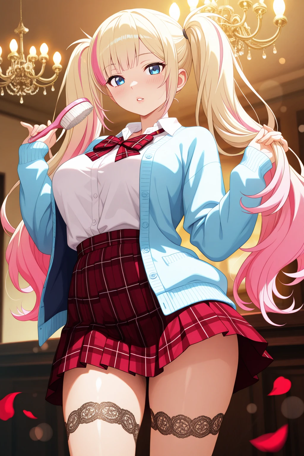 (cowboy shot: 1.5), (white background, simple background: 1.5), (masterpiece:1.5), (big breasts: 1.5), (1 girl: 1.5), young woman, (Beautiful Girl:1.5), (extremely detailed and delicate anime face and eyes:1.5), whole body, (natural light, HDR, extremely details CG:1.3), (dynamic posture: 1.3), {correct body anatomy}, (wide hips: 1.3), (perfect hands: 1.5), single focus, toned body, Beautiful Lips, thick lips, {surreal}, {correct posture}, {minutes details}, {detailed body}, {detailed clothing}, (Bright Eyes: 1.3), (cleavage: 1.3), {accessories}, {sexy}, (Gyaru: 1.5), Gal, (school uniform: 1.5), high school student outfit, (blouse: 1.5), short skirt, (pleated short skirt: 1.3), miniskirt, (plaid skirt: 1.5), (legwear: 1.5), (white legwear: 1.5), loose pointe shoes, earrings, (ear piercing: 1.3), hoop earring, hairclip, jewelry, (hair ornament: 1.3), (bracelet: 1.5), too many accessories, (ring: 1.5), (eyeshadow: 1.5), flawless makeup, (ribbon tie: 1.5), lace collar with tie, (scrunchie: 1.5), (happy look: 1.5), (light smile: 1.3), (extra long hair: 1.5), (multicolored hair: 1.5), (gradient hair: 1.5), (two-tone hair: 1.5), (blonde hair with green and pink streaks: 1.5), (blonde hair: 1.5), (green and pink streaks: 1.3), (permed hair: 1.5), (two side up: 1.5), (wavy hair: 1.5), (nape hair: 1.5), glowing hair, (ahoge: 1.5), (bright blue eyes: 1.3),