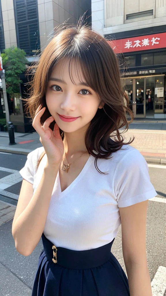 seed;88117315,((Full Body Angle))、Front hair:1.3))、((Highest quality, 8K, masterpiece: 1.3)), concentrated: 1.2, Cute girl 1, 、 Perfect beauty: 1.4,Cut and sewn T-shirt Raglan sleeve summer short sleeve T-shirt.Shorts: 1.2,Long sleeve、Randall Color、comics＆Text Graphics、Black ruffle-trimmed drawstring zip blouse,1.1, Highly detailed face and skin textures, Fine grain, double eyelid, whitening skin, ,Highest quality,Ultra-high resolution,you,1 girl,alone,_Shiny_skin,Iris,necklace,((brown_length_Wavy_hair)),(lips)),eyelash,Front hair,deal with,compensate,Shiny,pore,skin,Large Breasts、((smiling face))、Walking in the park、walk、