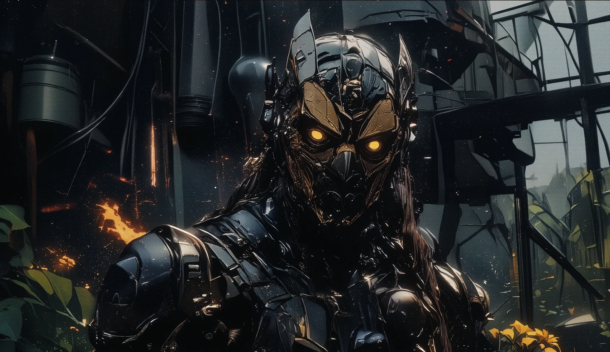  black noir, a man with a helmet and dressed in black bodysuit armor,Overgrown, Ruins, Foggy, Wasteland, Derelict, Cybernetic, Augmented, Prosthetics, Holographic, Bionic, Neon, Scavenger, Survivalist, Tribal, Masked, Exoskeleton, Hardened, Nomad, Ominous, Glowing, Shadowy, Gritty, Post-apocalypse, Dystopia, Techno-tribal, Transhuman, Grunge, Junkyard, Mechanical, Rebellion,Highly detailed leather armor,a woman wearing a black and gold suit of armor. The armor is intricately designed with gold accents and patterns,a bee pollinating a flower

futuristic theme, the rendering is hyper-realistic, focus on texture and lighting that highlights the reflective properties of the materials and the subtle human skin tones, detailing,  rendering. in Dark atmosphere of complex system, equipment with hyper detail, future mechanical society, sci-fi, dystoia, super complex and giant structures backdrop, gloomy futuristic red fire environment, fog, dramatic lighting, , detail texture, cyber screen, rustic, realism ambience. Tsutomu Nihei, complex system, equipment with hyper detail, future mechanical society, sci-fi, dystoia, super complex and giant structures backdrop, gloomy futuristic environment, fog, dramatic lighting, , detail texture, cyber screen, rustic, realism ambience UHD 16 K