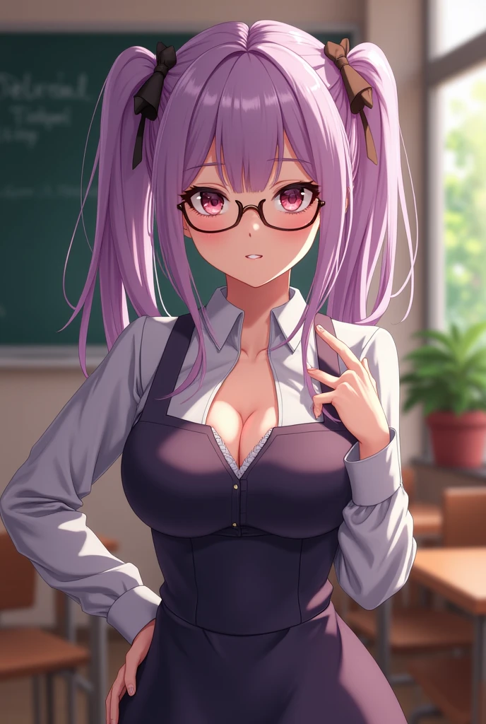 beautiful woman, extremely long hair, purple hair, hair covering one eye, bright blue eyes, glowing eyes, lots of freckles, full lips, (gigantic breasts 1.8), extreme cleavage, deep cleavage, thin body, open button-up shirt, no bra, 12cm tight skirt, teacher outfit, eyeglasses, thigh high socks, high heels, necklace, extreme blushing, smile, seductive, ultra detailed, classroom background, teacher, masterpiece, 8k