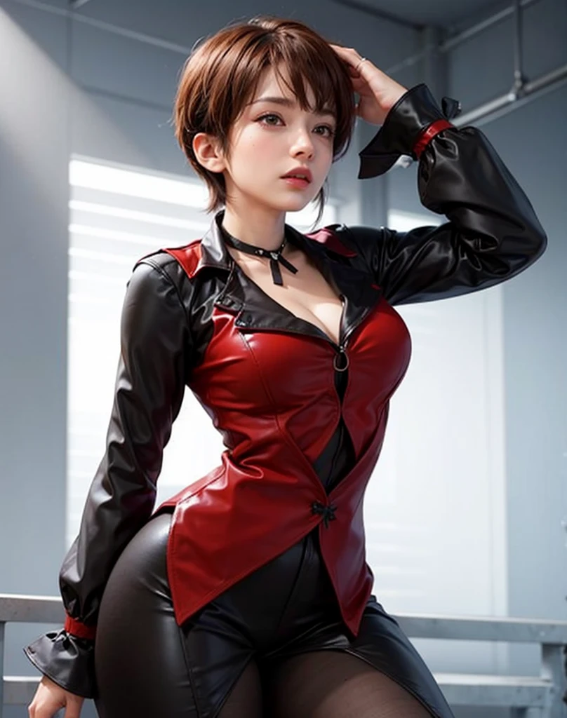 ((Medium, Tomboy, Small Head)), (Perfect Body: 1.1), (Short Wavy Hair: 1.2), Reddish Brown, Collar, Full Body Shot, Crowded City, Red Leather Jacket, Long Black Leather Pants, White Shirt with Collar, (Very Elaborate CG 8K Wallpaper), (Very Delicate and Beautiful), (Masterpiece), (Best Quality): 1.0), (Ultra High Definition: 1.0), Beautiful Lighting, Perfect Lightning, realistic shadows, [High Resolution], Detailed skins, Super Detail ((Colorful)), Long Boots,