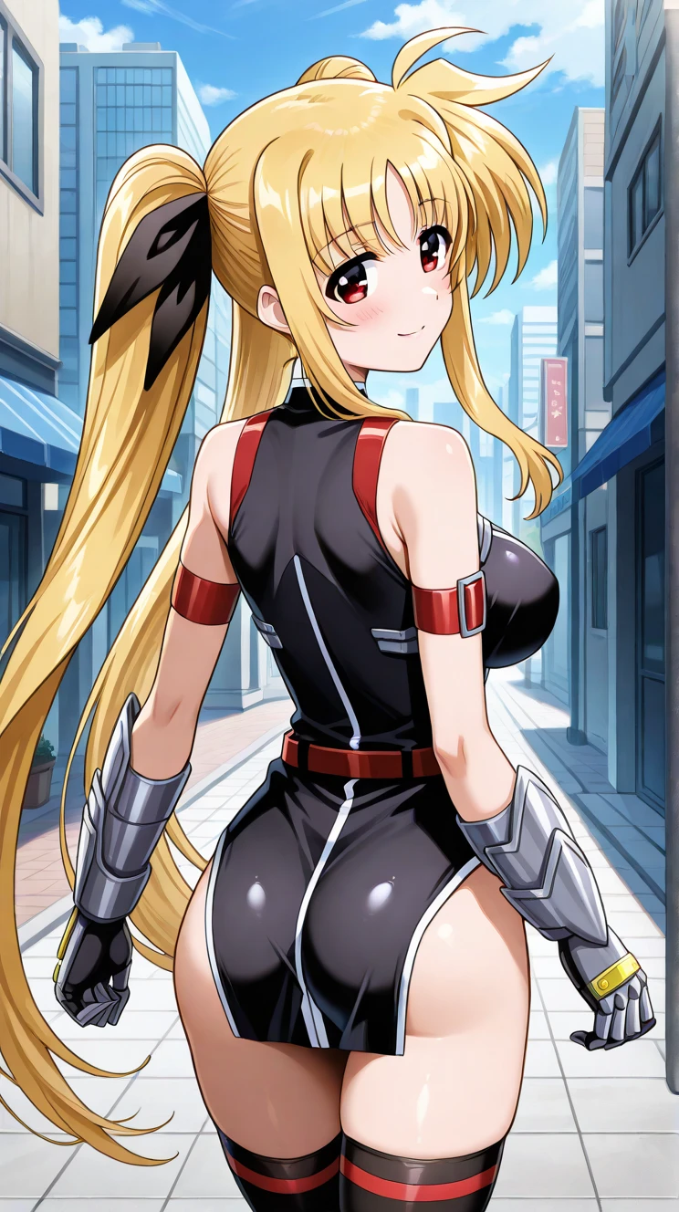 1girl, tall body, light blonde hair, aquamarine eyes, boots, breasts, bracelets, full body, hair ornament, ((shoulder-length hair, ponytail, bangs)), full body with costume, ((leotard, perfect leotard, gymnast_outfit leotard, white leotard with blue accents, bare legs)), hi-tech shoulder pads, (white boots), medium breasts, perfect hands, complete fingers, perfect anatomy, perfect proportions, solo, solo focus, superhero, beautiful detailed eyes, beautiful detailed face, age 18, asuka suit, full body portrait, standing straight, ((back view)), cityscape
