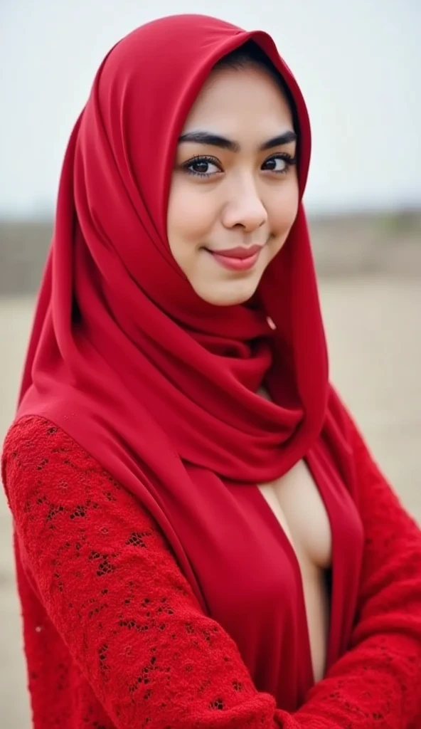 beautiful woman,black and red hijab style,super big cheast ,detail nipple,seductive pose, outdoor, city, Kuala Lumpur, Twin Tower, 