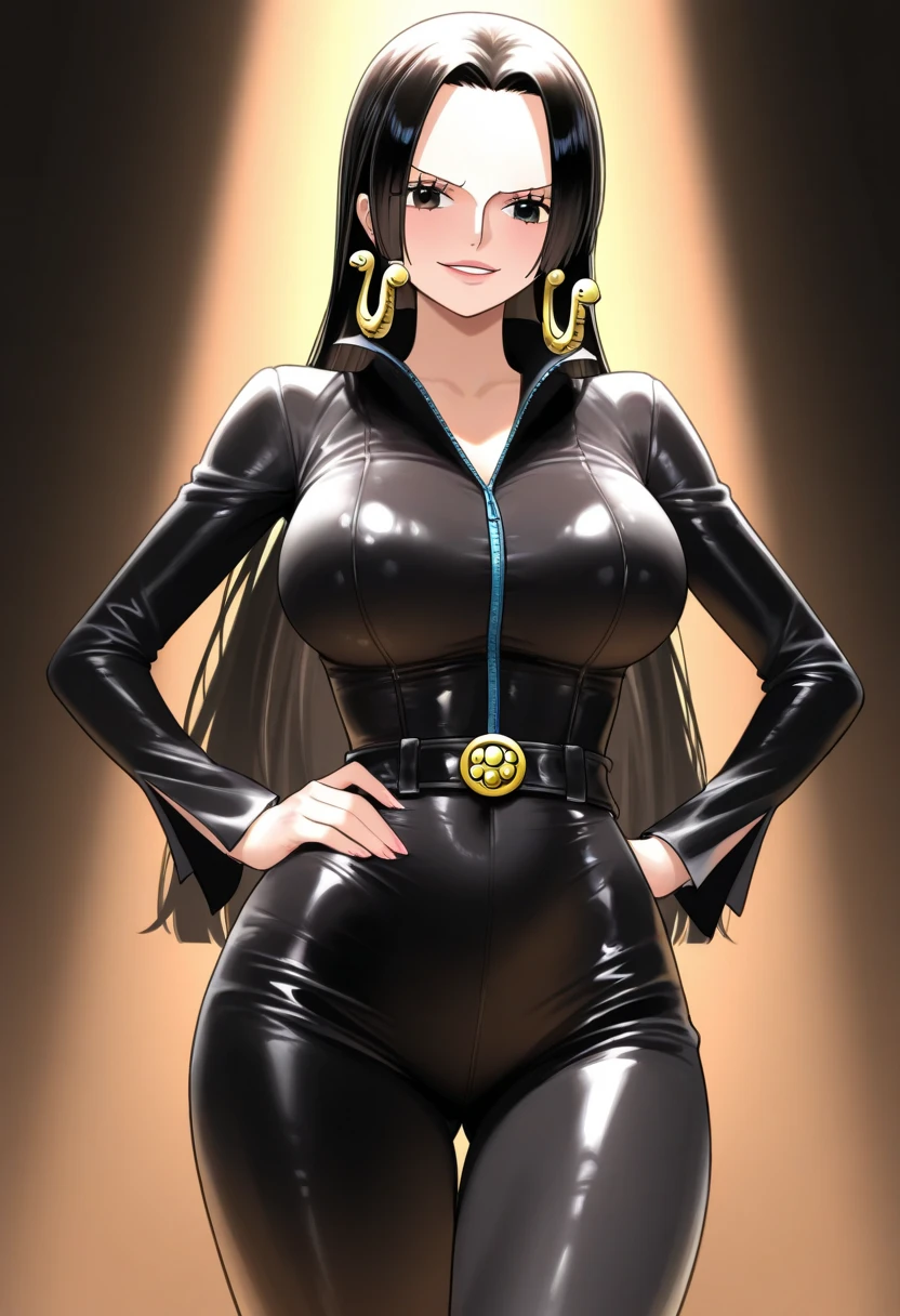 masterpiece, best quality, 1girl, solo, standing, <lora:yuri-dirtypair-richy-v1:1>, dirtypairyuri, looking at viewer, smile, large breasts, gloves, navel, cleavage, jewelry, green eyes, earrings, shorts, midriff, crop top, hand on hip, clothing cutout, cleavage cutout, yellow gloves