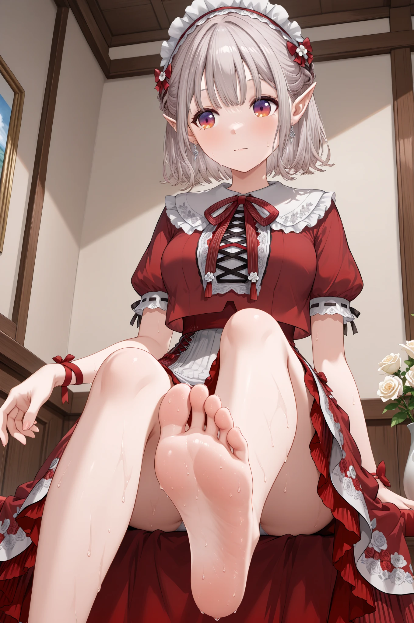 1girl, ultra high res,smile, open mouth, large chest, cleavage, perspective is from below, girl is looking down at viewer, dress, under feet