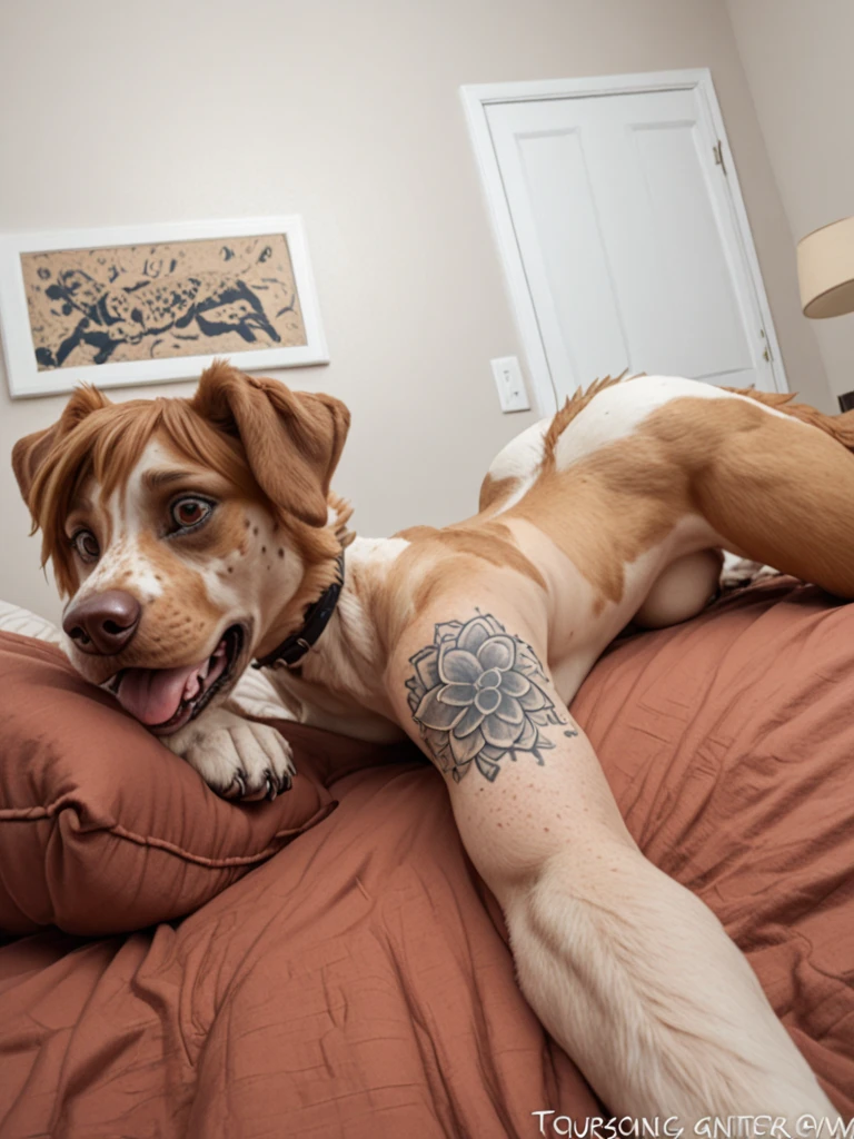 arafed woman with tattoos laying on a bed with a window, inked, tattooed, posing in bed, posing in a bedroom, on my bed, on the bed, very sexy pose, tattooed body, sexy girl, lit from behind, with tattoos, ((walking on all four paws)), ((long fluffy dog tail)), ((wider hips)), ((woman reposition herself into dog stand)), ((hands turns into paws)), ((feet turns into paws)), ((woman with freckles)), (topless), brown freckles, freckled pale skin, (cute freckles), (small freckles), freckled, freckles!!!, (freckles), elegant freckles, (brown freckles), (with freckles), freckles on chicks, (dark noticeable freckles), (freckled face), (very brown freckles), rosy cheeks with freckles, (a lot of freckles), Lentigines, (breasts showing), 30 year old woman, ((freckled nose)), ((freckled chest)), hard showing, ((dog ears)) , (dog fur growing) , ((long dog nose)), blue eyes, ((bigger boobs)), ((body reshapes into dog body)), ((anthro dog)), ((full pitbull transformation)), ((thick body)), ((short dog legs)), ((began like a dog)), a brown and black dog standing in a kitchen, shutterstock, bauhaus, thick fluffy tail, german shepherd, dynamic angled shot, the photo shows a large