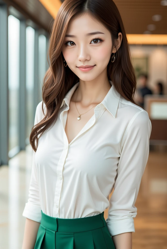 ((Highest quality, 8K, masterpiece: 1.3)), 1 Girl, smile, whole body, Slim face, Beautiful woman, ((Extra long brown hair:1.2))、white long sleeve button up blouse_brown pleated mini skirt、High heels, Highly detailed face, Fine grain, double eyelid, Blurred Background, Slim face, full figure supermodel standing, entire body in frame、School teacher、In the school hallway、With an envelope of documents tucked under his arm、Larger breasts、Place your left hand gently on your chin,right hand holding her breast