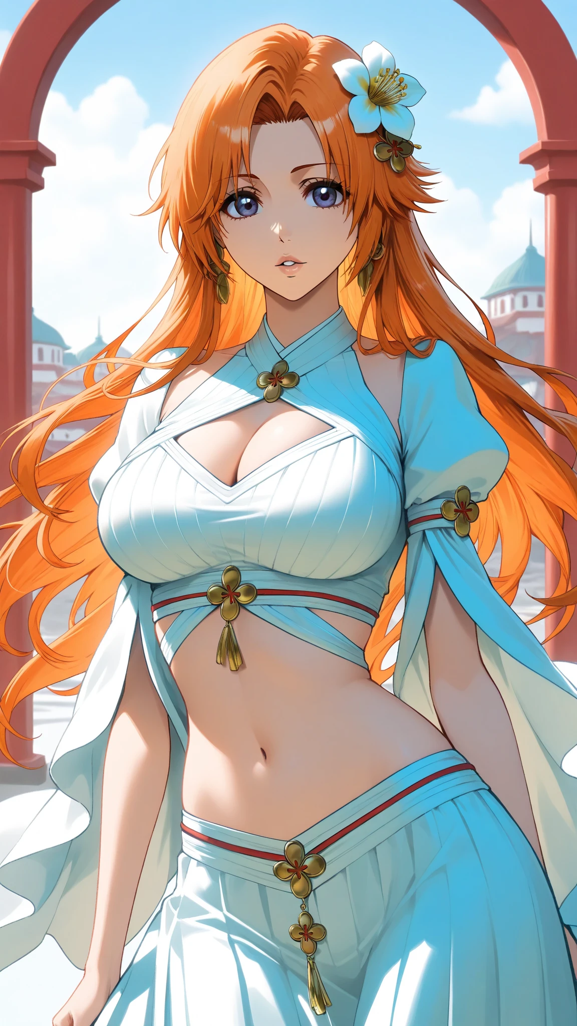 Big and round breasts, she is a beautiful ((beautiful and wonderful)), (long red-orange hair, fringed hair, red eyes), double eyelids, (red eyes), clear and details, hyper details, light effect on the eyes, detailed iris, sensual body, ((beautiful elegant off-shoulder kimono, delicate with delicate details beautiful)), neckline, ((masterpiece, hyper realistic, hyper detailed, best quality, 16k, light and shadow on the skin, vivid colors)), eyeliner, thin eyebrows, sensual expression, perfect lips, innocent and sexy face, ((skin with light and shadow), beautifully seductive and embarrassed woman, passionate expression, sweet smile (( is a beautiful woman with a beautiful body,)), flirting with the viewer, beautiful, charming, ((in the ancient temple)), (body tilt) ((elegant sensual pose: 1.2))