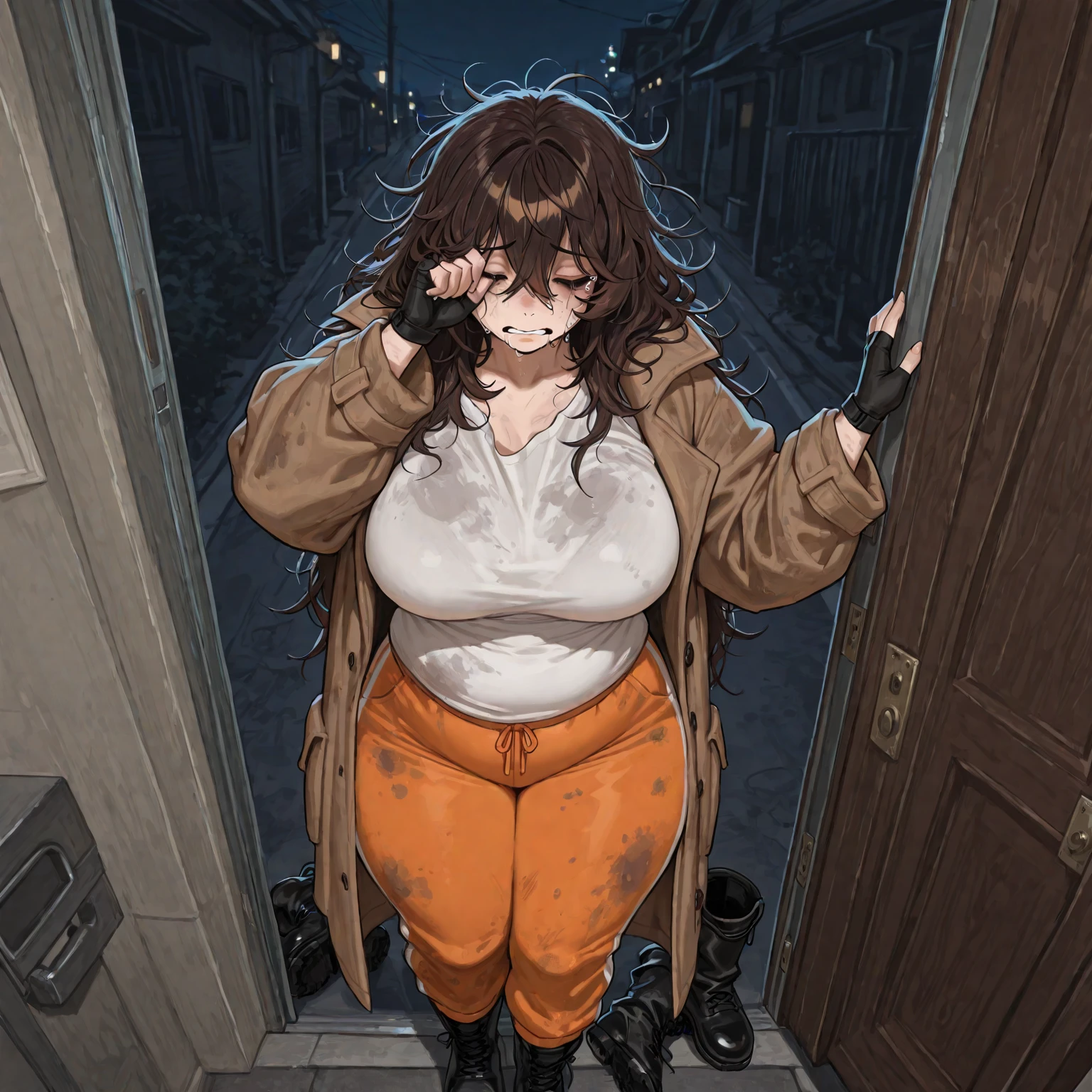 ultra detailed,[ 4k digital art ]!!,realistic anime art style,(curvy mature female standing in night downtown),nipple baring,naked,(trench coat:1.3),(thick pubic hair),(sweaty:1.2),gigantic breaststs,(hairy pussy),(creampie:1.2),wetty pussy,(touching pussy),(blushed:1.3),open legs widely