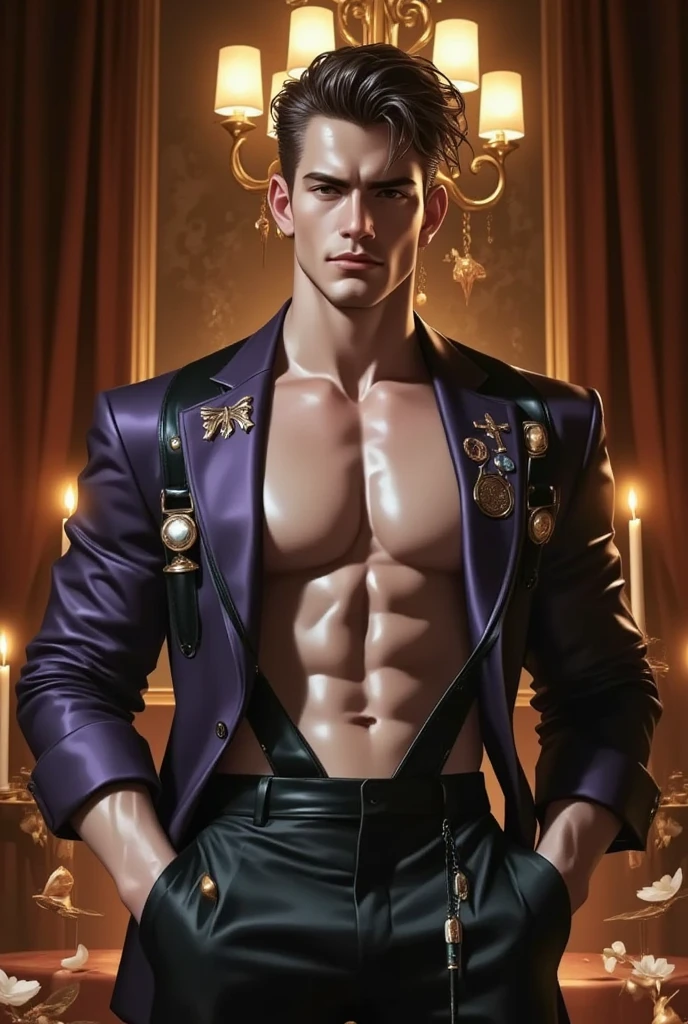 realista, Obra de arte, melhor qualidade, cinematic, dynamic lighting, sombra suave, detalhe mais alto, fotografia profissional, fundo detalhado, profundidade de campo, detalhes insanos, intricado, Aesthetics, rosto detalhado, underground dispersal, realista hair, realista eyes, 1 menino, nu, muscular, viril, (large peitorais:1), peitorais, foto de retrato de um lindo feiticeiro malvado, wearing intricado medieval fantasy vestments robe, (Shining magic amulet), Horror \(tema\), noite, lua, (templo medieval do mal), facial hair, cabelo preto, tronco, pants, janela, olhando para o espectador,