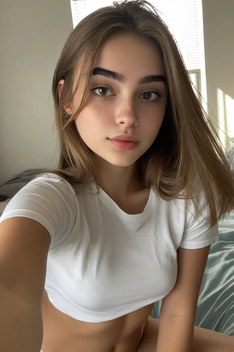 woman wearing a ((oversized t-shirt:1.2)), ((messy hair, bedhead)), long hair, hyper realistic, 4k, medium breasts, masterpiece, beautiful, facing the viewer, headshot, cleavage, pale skin, fair skin, ((nasolabial folds)), skin colored lipstick, DSLR RAW PHOTO, 8K, POV, canon 5d, 85mm, ((bedroom, early morning, sitting on a bed, dim lights, black background)), smirk, sexy pose, AS-Adult, BREAK
from below, BREAK
<lora:Iris:1> <lora:more_details:0.5> <lyco:GoodHands-beta2:1.0> , <lora:PerfectFullBreasts-fCV3.5:1.0>,