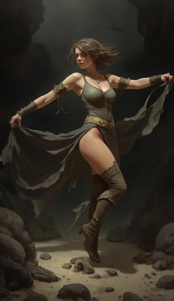 ((An attractive woman with brunette skin with curly hair, model body)), (nude 1.4), (witch rpg), leather boots, rpg style, full body, torn clothes, standing in natural pose, scenery of an abandoned and dark spaceship, GameStation style:1, ultra detailed, artstation, 4k resolution, digital painting, fine focus,