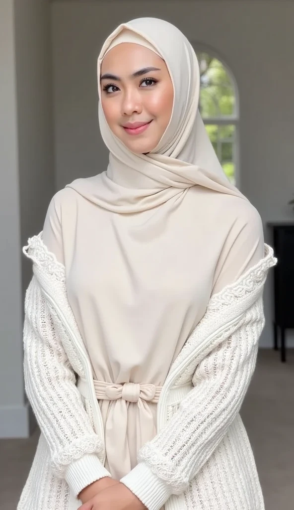 a beautiful girl wearing a hijab, a warm sweater, walking in the snow, detailed realistic face,large breasts, photorealistic, 8k, highly detailed, masterpiece, snow covered landscape, winter scenery, detailed textures, warm lighting, glowing skin, flowing hair, serene expression