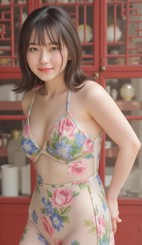 You are a professional photographer。, Sex Appeal,Albedo and Specular Maps,(Highest quality, 8k, 32K, masterpiece, Ultra-high resolution:1.2), One girl, Beautiful Japanese Women, Tight waist, (From the side, Floral print swimsuit, On the futon, Stick your butt out:1.8), (Nipples are clearly visible even through clothing, crotch cleft clearly, super beautiful legs:1.5), (She is always ready to have sex, Open your lips slightly:1.6), (Large bedroom, Cute Wallpapers, Early Afternoon:1.4), ((24-years-old, Beautiful Wife, naughty lips, blush, My hair is messy, Body facing forward:1.4)), (Small breasts, Flat Chest, chest is slightly drooping:1.2), Eye focus, Watery eye, Narrow shoulders, Beautiful clavicle, Thin arms, Thin legs, Slim figure, Soft belly, Tight waist, Ultra detailed face, super detailed breasts, Ultra-detailed skin, Ultra-detailed lips, Fuller lips, Thick and soft lips, Glossy Lips, White teeth, Beautiful actress makeup, Compensate, Dark lipstick, Dark brown hair, Delicate and soft hair, Let your hair down, Fluffy short bob, Sweep your bangs to the side, Stylish earrings,necklace,