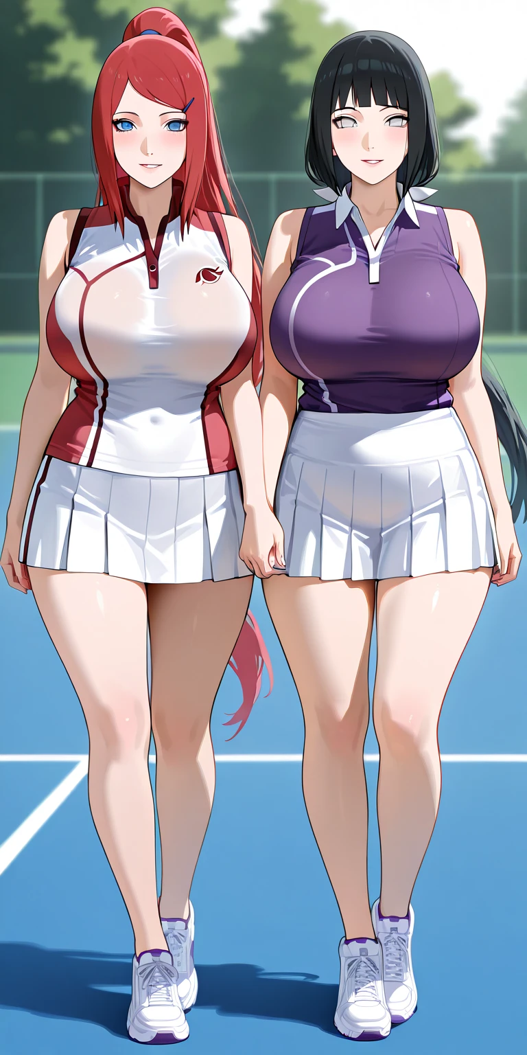 A woman in a tennis uniform, short white shirt, short white skirt with blue details, sports shoes, on an open tennis court, pink hair with gray details, hair at waist level, pink eyes, smiling, big breasts, during the day, ultra resolution, masterpiece, perfect quality, very detailed, 4k hd
