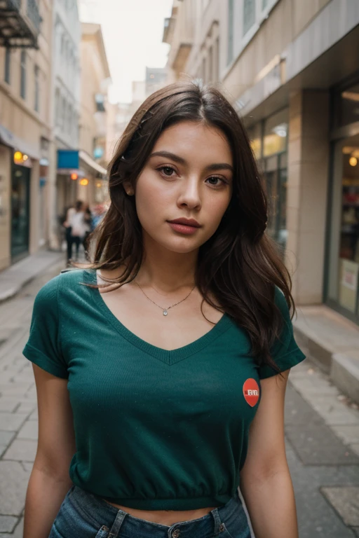 1girl, emirulol, lady in red, ((red shirt)), ((black pants)), long sleeves, outdoors, street, road, city, upper body, headshot,