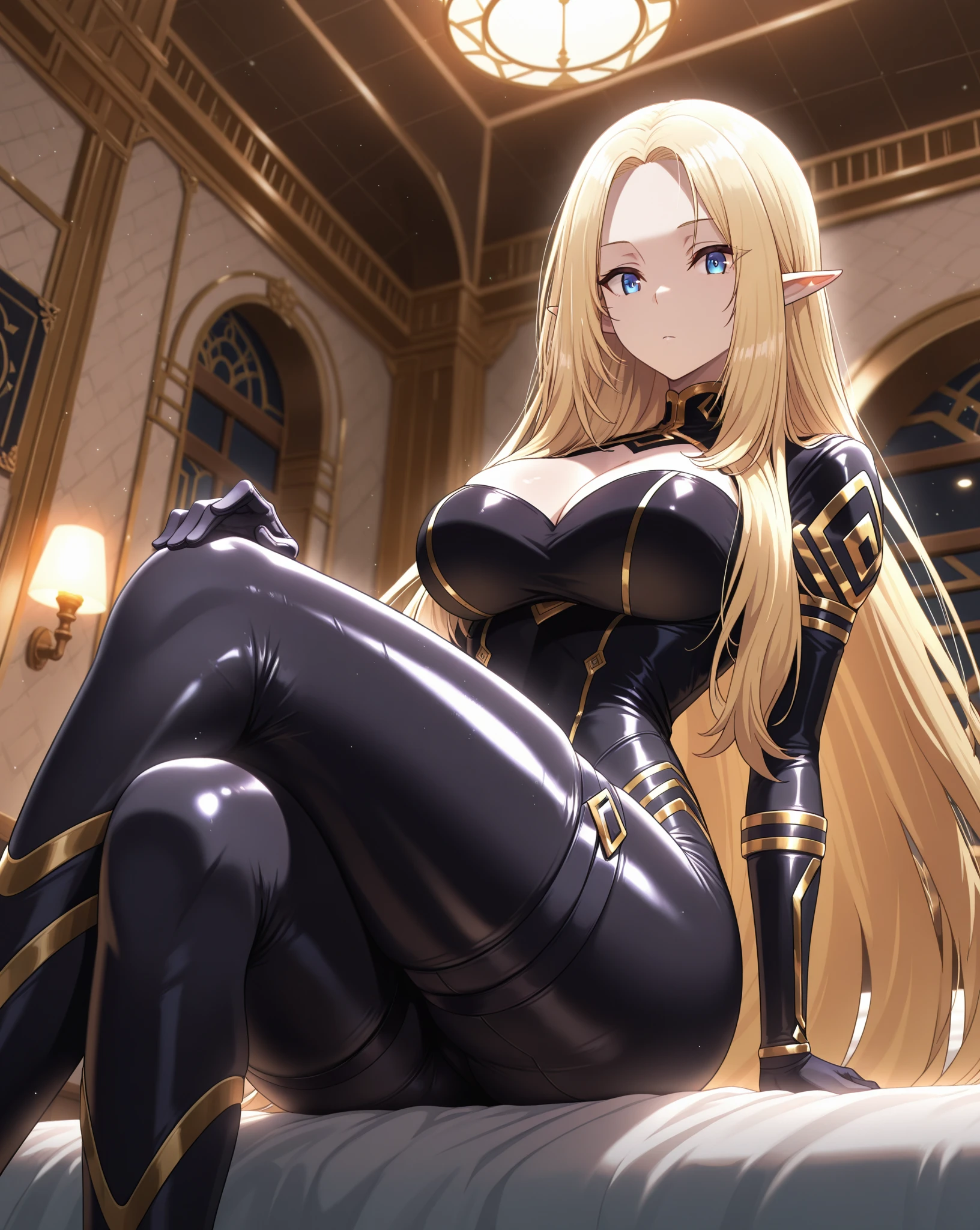 Alpha, blond and long and straight hair, blue eyes, elven ears, black bodysuite, huge breasts, ultra detailed, in the night, ((4k)),((masterpiece)),(best quality),((ultra detailed)), ((beautiful blurry background)), ((cinematic lighting)), depth of field, (dynamic angle),((beautiful detailed eyes), ((dynamic pose)), pretty face, large , ((cleavage)), black bodysuite ,best quality, masterpiece, 1girl, raytracing, ultra detailed,detailed face, 8k wallpaper, (wide hips:1.2), AlphaNDV, 1girl, blonde hair, blue eyes, very long hair, elf, pointy ears, huge breasts