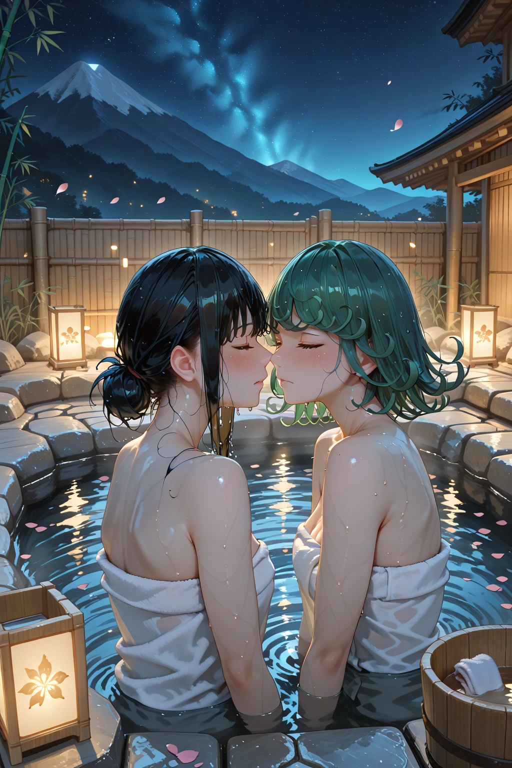 (masterpiece), (best quality), (ultra-detailed), (full body shot), seductive pose, at night, hot spring, onsen, outdoor bath, (((2girls))), blue hair, green hair, ((kissing)), (nude), (naked), (((small breasts))), (spread legs), showing pussy, (fingering pussy), ((masturbating each other pussy)), ((pussy)), dripping wet, exhibitionism, lesbian, lesbian play, sensual pose, detailed scenery, mischievous smile, outdoor