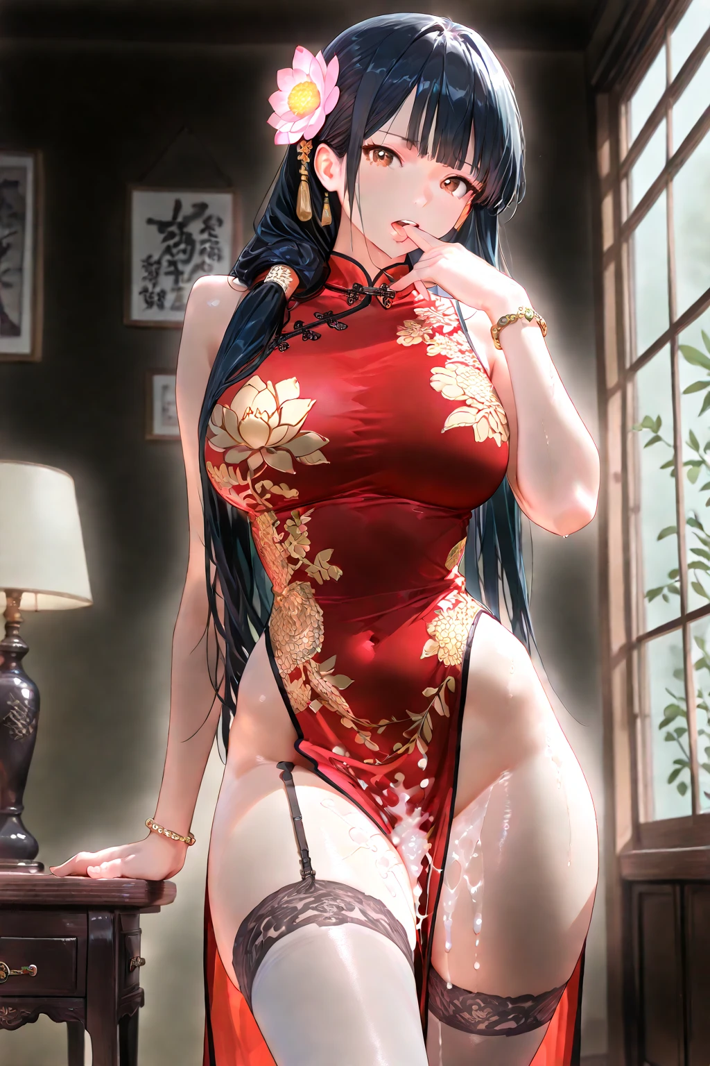 High quality illustrations。A seductive adult woman。With defined eyeliner。Her skin is flesh-colored、She has black hair。Her hairstyle is twin tails with vertical roll curls on each side.。Red eyes。She is wearing a black cheongsam。Have big breasts、She has good style、Blushing and looking happy。Crouching and standing on tiptoes with legs apart (open leg; 1.2), (nude pussy; 1.5)。Holding a used condom in one hand.。It has a slit in the chest area.。The front is hidden like a curtain。,(full Blush:1.5)