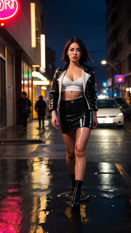 A rainy evening scene set on a busy boulevard, where the main character is captured in ultra-realistic detail. She appears incredibly thin with large hips, a narrow waist, and very large breasts. Her makeup is striking, featuring dark, dramatic eyeshadow and glossy pink lips. Her hair is auburn and cut in a sleek, straight bob. She is dressed in a short, red trench coat and thigh-high black boots. She stands under a streetlight, holding a black umbrella over her shoulder with one hand, while the other hand clutches the collar of her trench coat, as if bracing against the rain. She looks sideways, creating a mysterious profile. The boulevard is bustling with activity, illuminated by the reflections of neon signs on wet pavement. Cars and pedestrians pass by, adding to the dynamic urban setting.






