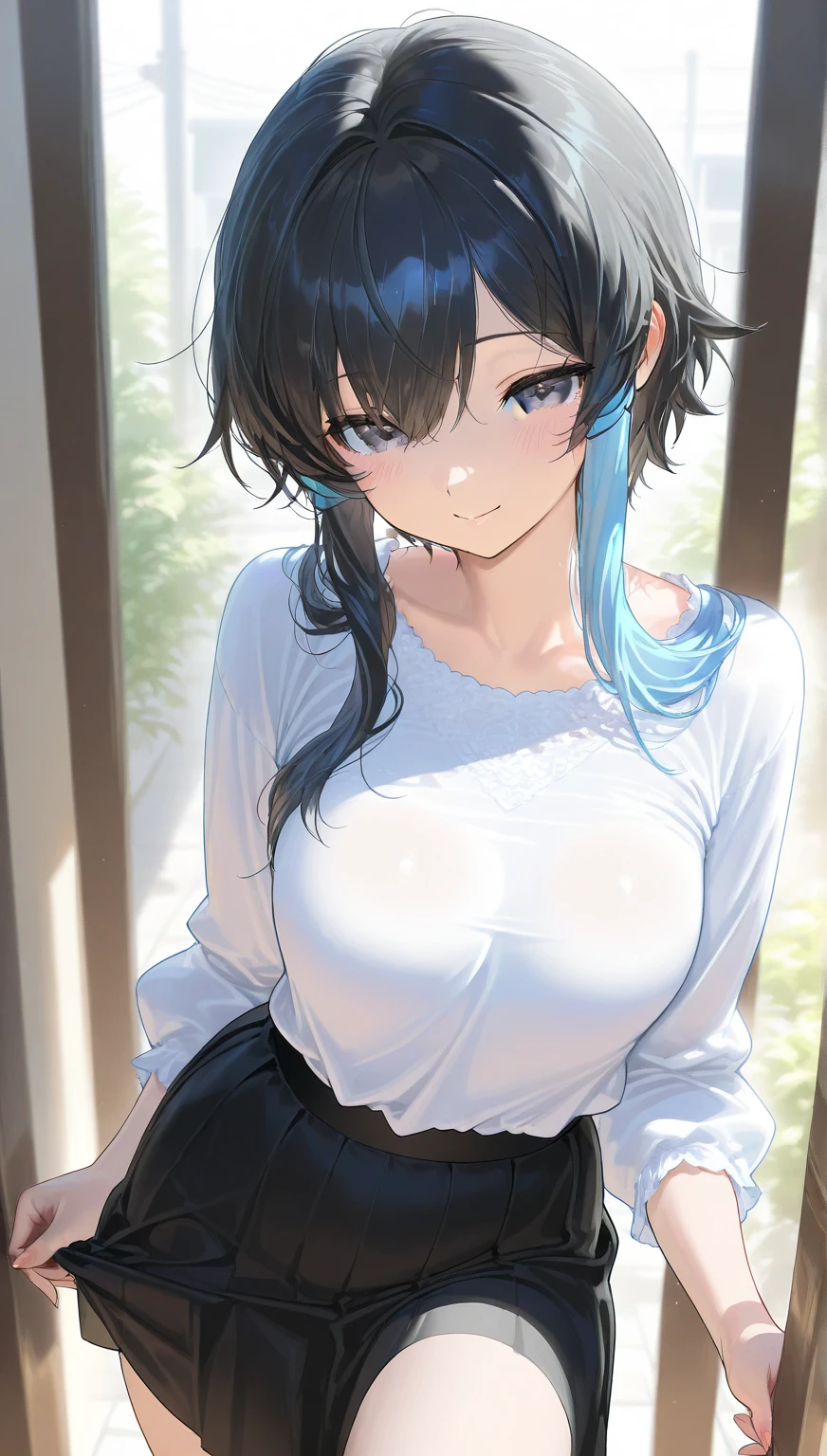 masterpiece,1girl,   cleavage cutout,  <lora:CenterCutOutV1:1>,white_shirt,(t-shirt), short shorts, outdoors,