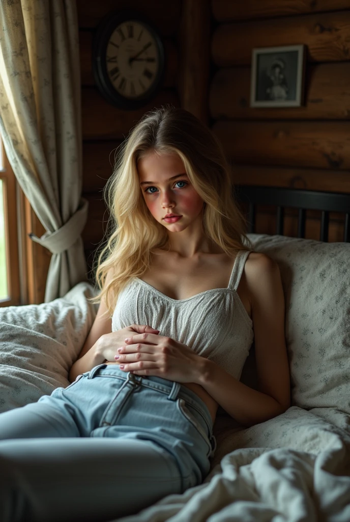 1girl, 18-year-old Russian idol, blonde hair, blue eyes, fewer clothes, close up, body hair, on the bed, sunlight