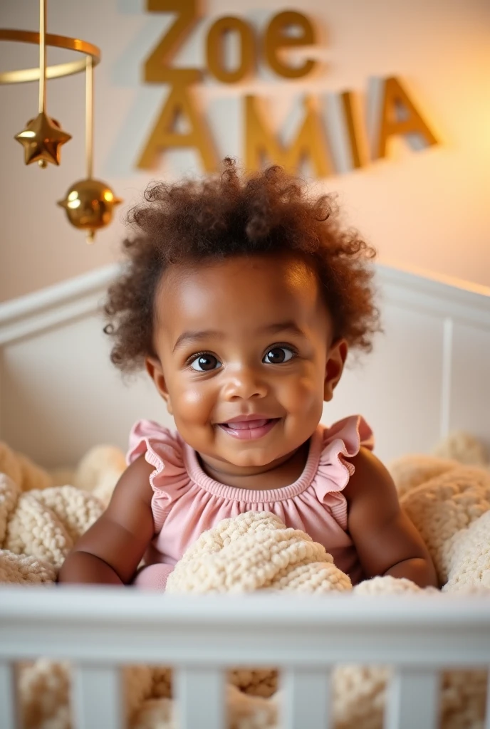 Create UHD photorealistic realistic photo, no animation, no 3D image, no Pixar style animation, no extra fingers. 12-month-old French-African baby girl with chubby cheeks, sitting in a giant madeleine-shaped chair, surrounded by pastel-colored macarons. Use Fujifilm GFX 100S with 110mm f/2 lens. Soft, diffused lighting. Capture the baby's joyful expression. Whimsical studio portrait style.