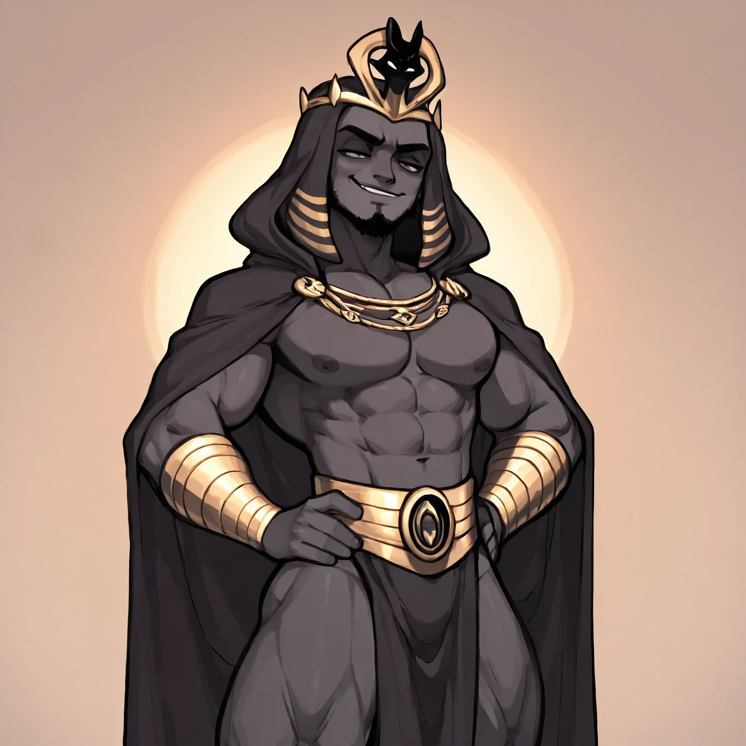Anthropomorphic jackal,Anubis,character setting,Dark color scheme,The face is more human-like,Determined gaze,blush,White loincloth,Eight-pack abs,Human claws