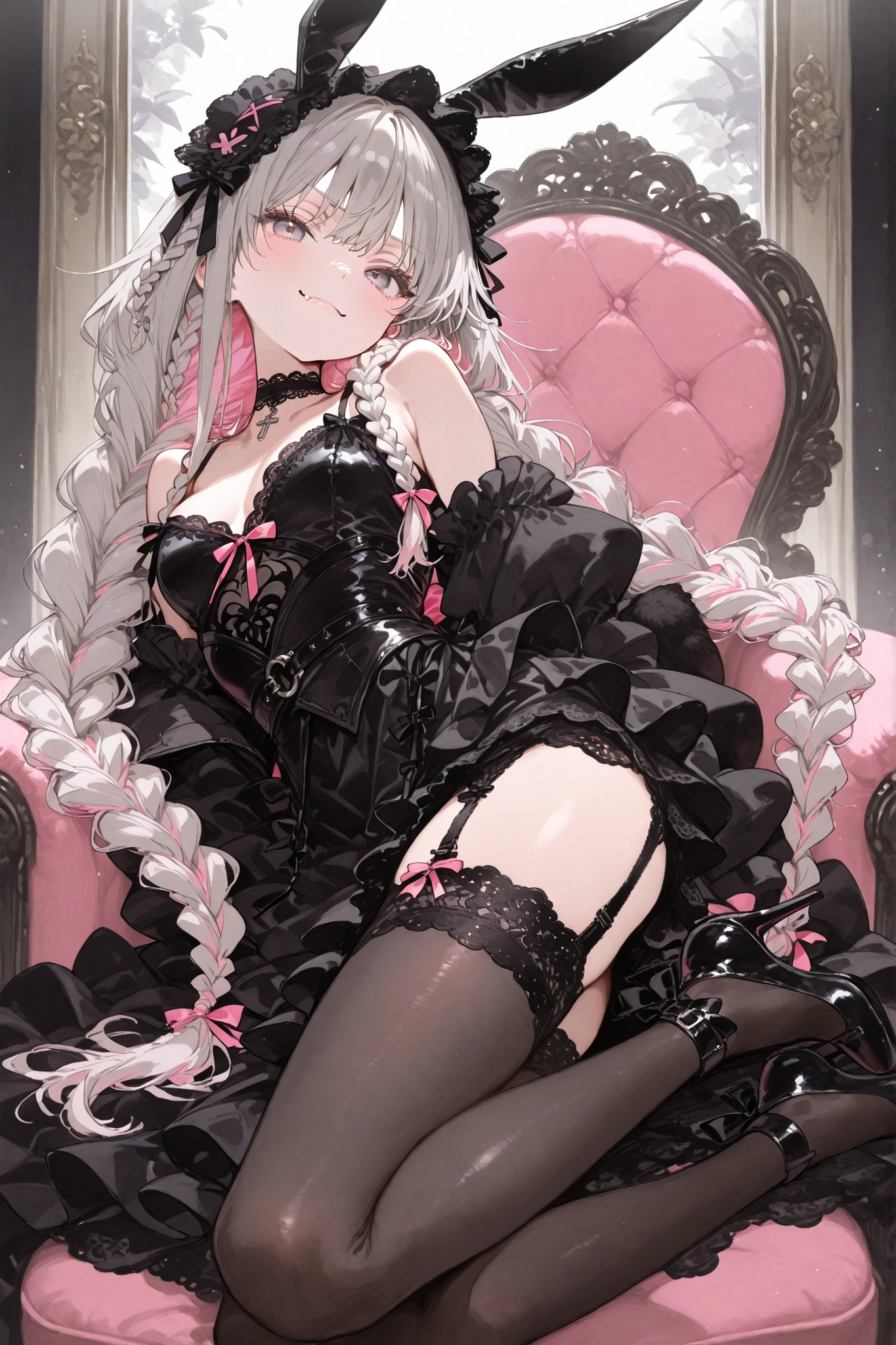 (hyper extreme detailed),(masterpeace),(hyper extreme),(photorealistic),CG,1man,1girl, outdoors, PartyQueen, red eyes, puple hair, black hat, black dress,high heels,pantyhose, boot,black arm guards,ajax \(azur lane\),  <lora:PartyQueen:1>