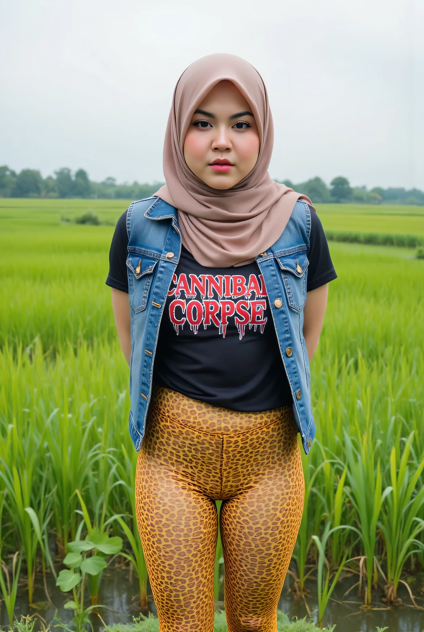 The angry face expression! Just Front photo, wear a loose drop Looks like a little rubber panties pastel translucent (yellow cheetah pattern) leggings closed my center, Tetek besar melayut, hijab hijab hijab hijab, (photorealistic:1.6), background rice paddy. daytime atmosphere, don't put any rope! flat chest!, duduk di atas kerusi kaca, hands behind back legs astride, view from front, wearing short t-shirt 'Cannibal corpse' band logo print used blood font & mini unbuttone vest denim. Black eyeshadow