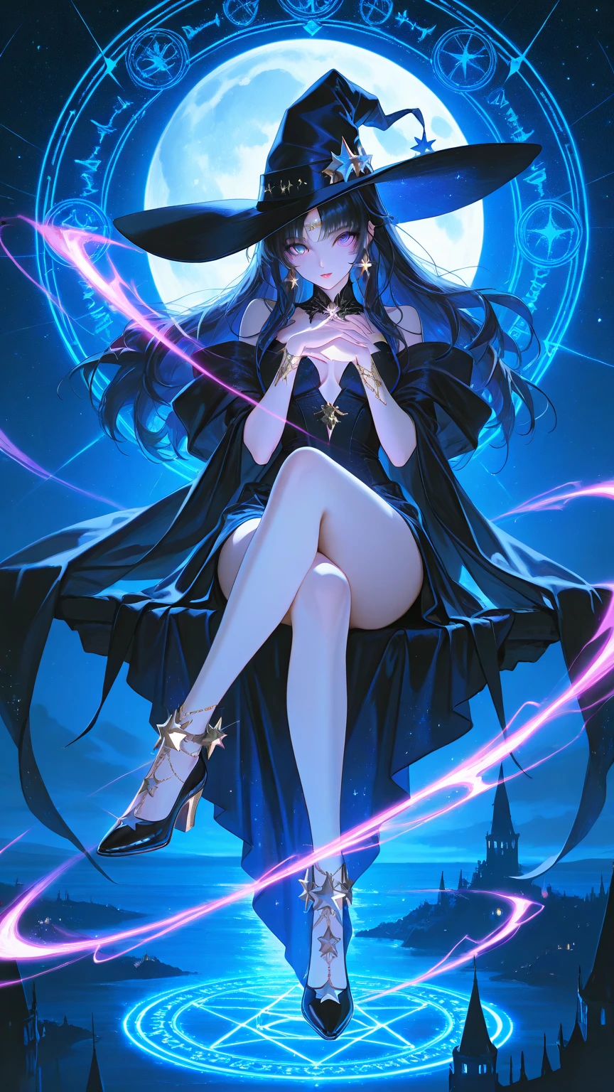 Women in Their 20s, Fantasia、offcial art, unity 8k wall paper, ultra-detailliert, beautifly、Aesthetic, ​masterpiece, top-quality, Photorealsitic、Sorcerer、The Three Witches、Black clothes with a skull design、Black underwear、shorth hair、Ritual of Summoning Demons、backyard、Darkness of the night、Luminous Crystal、Blue Flame Lamp、depth of fields, Fantastic atmosphere, Calm palette, tranquil mood, Soft shading、bbw、very large breast、plump figure、