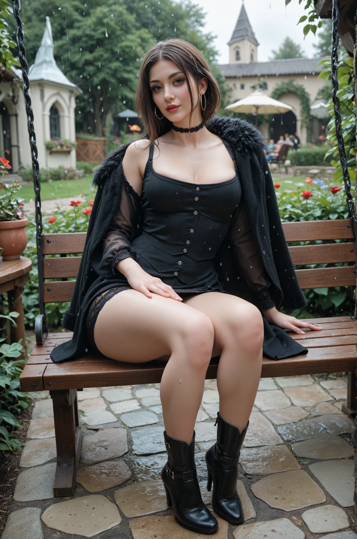 beautiful girl that looks like Bettie page, happy smiling, soaked, under an incredible rain, smile, updo, ponytail hair, red lipstick ,soaked black long maxi-skirt(black long maxi-skirt:1.2), (( long black satin gloves)),high boots, ((and a long completly soaked woolen vest )), flirting with the camera, hand bag on her shoulders, lying on the ground on the grass of central park  durnig an incredible rain, no place to cover, happy aniway under this thunderstrom rainy day, rain, rain, rain, hit very hard by a bucket of water, (( swimming a big hole of mud))