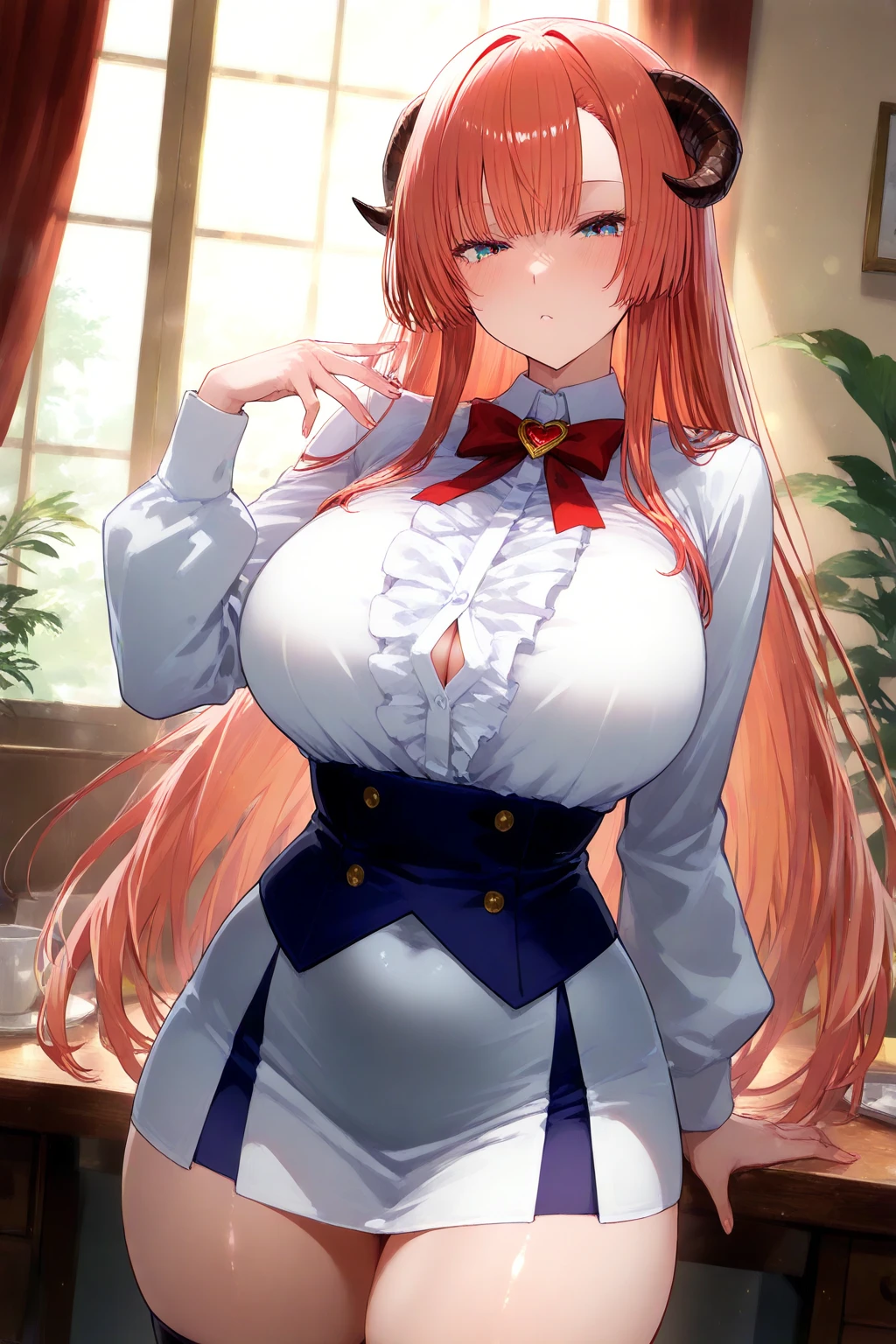 (Masterpiece:1.2, high quality), (pixiv:1.4), (1girl:1.2), (solo:1.2), (Rias gremory), beautiful face, pale skin, crimson red hair, hair ribbon, detailed green eyes, (detailed eyes), glossy lips, wavy hair, bangs, (blush:1.2), (looking away), looking sideways, detailed neck, collabone, (beautiful big breasts:1.3), school uniform, unbuttoned white shirt, brown skirt, voluptuous body, bare thighs, sitting beside window, windowsill, professional photography, vivid colors, soft lighting, high contrast, intrinsic details, natural beauty, aesthetic indoors, classroom, artistic details, (detailed face), ultra-detailed, 4k, HD, (highres:1.5), highly focused face, blurry background