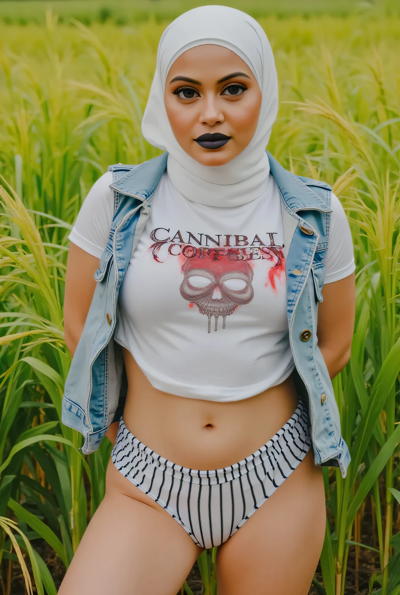 Black lipstick Just Front photo, wear a loose drop Looks like a little rubber panties pastel translucent (Striped Print) leggings closed my center, Tetek besar melayut, hijab hijab hijab hijab, (photorealistic:1.6), background rice paddy. daytime atmosphere, don't put any rope! flat chest!, hands behind back legs astride, view from front, wearing short t-shirt 'Cannibal Corpse' blood font logo print & mini unbuttone vest denim.