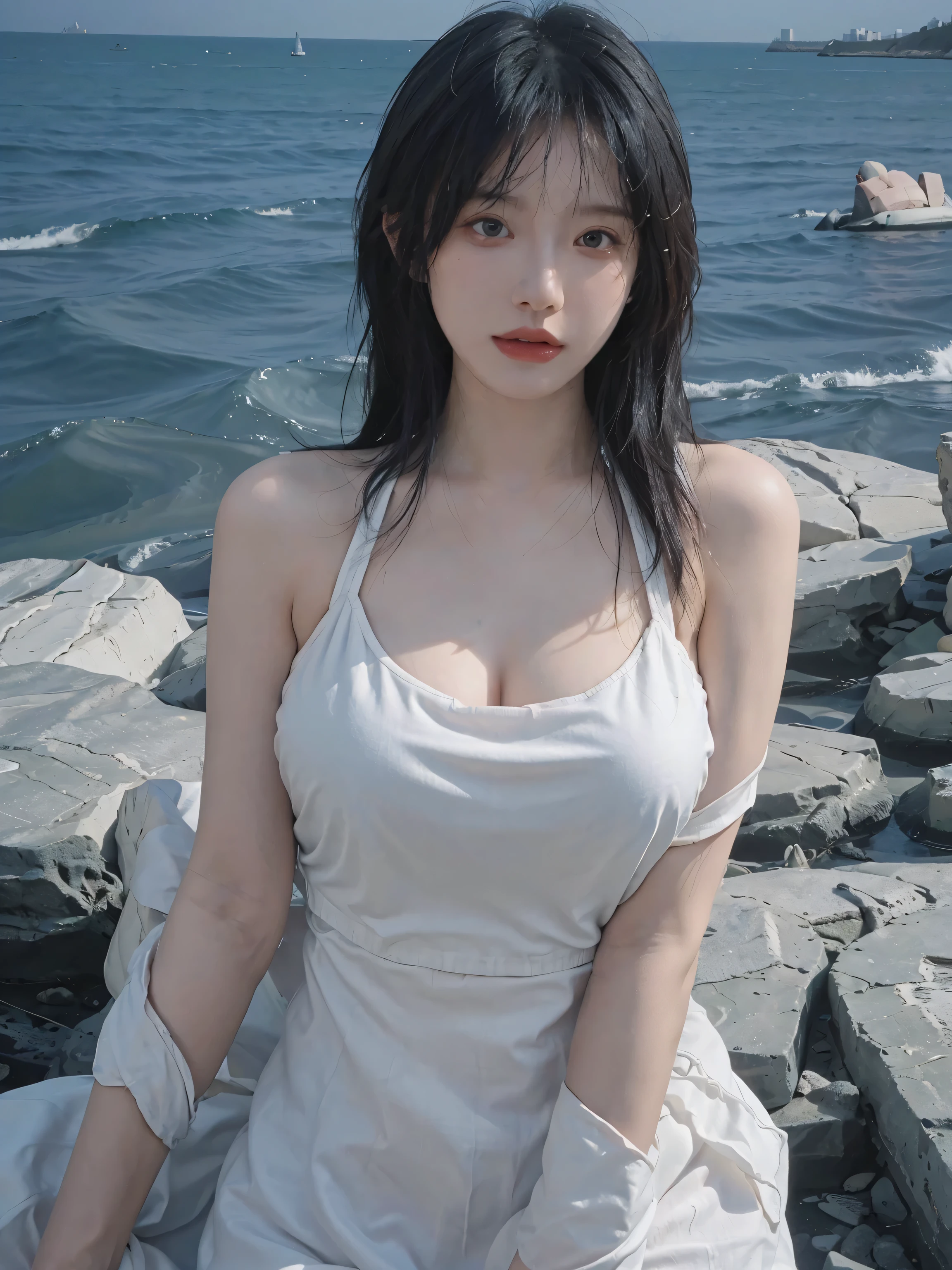 a beautiful girl，prominent cleavage，policewoman，collar，Blue sky and white clouds，Sunlight，sit by the sea