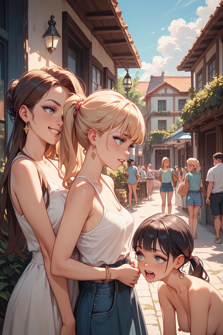 ((Лучшее качество)), ((шедевр)), (подробный), 2girl, lesbian, scissors pose, nemonelly, slight penetration, lying, on back, spread legs:1.5), street, crowd, ((skinny)), ((puffy eyes)), brown hair, medium hair, cowboy shot, medium breasts, swept bangs, walking, outdoors, sunshine, light_rays, fantasy, rococo, hair_flower, low tied hair, smile, half-closed eyes, ,dating, (nude), nsfw, (heavy breathing:1.5) ,tears, crying, blush, wet, sweat,